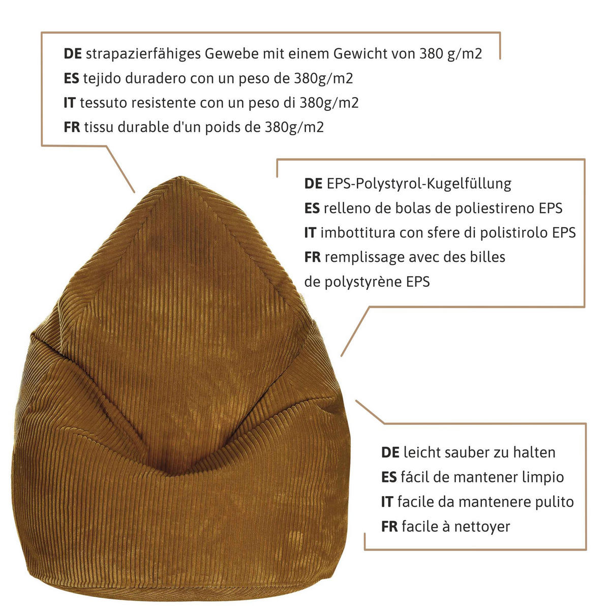 SITZSACK MIT FUßSTÜTZE Kordsamt 2-tlg Sugar Cookie S - Braun, Textil (70/105/70cm) - Dreamroots
