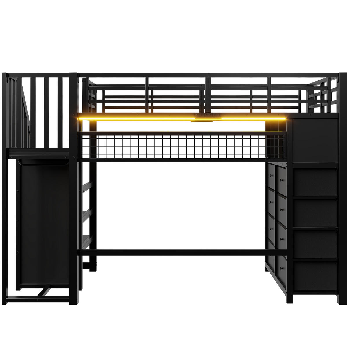HOCHBETT aus Metall und MDF 90x200 cm Schwarz mit 8 Schubladen, Stauraumtreppe und LED-Beleuchtung - Schwarz, Holzwerkstoff (90/200cm) - IVMEU