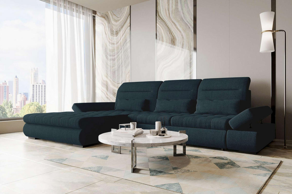ECKSOFA Toscana Plus Velours inkl. Schlaffunktion - Dunkelblau, Textil (179/300cm) - 99rooms