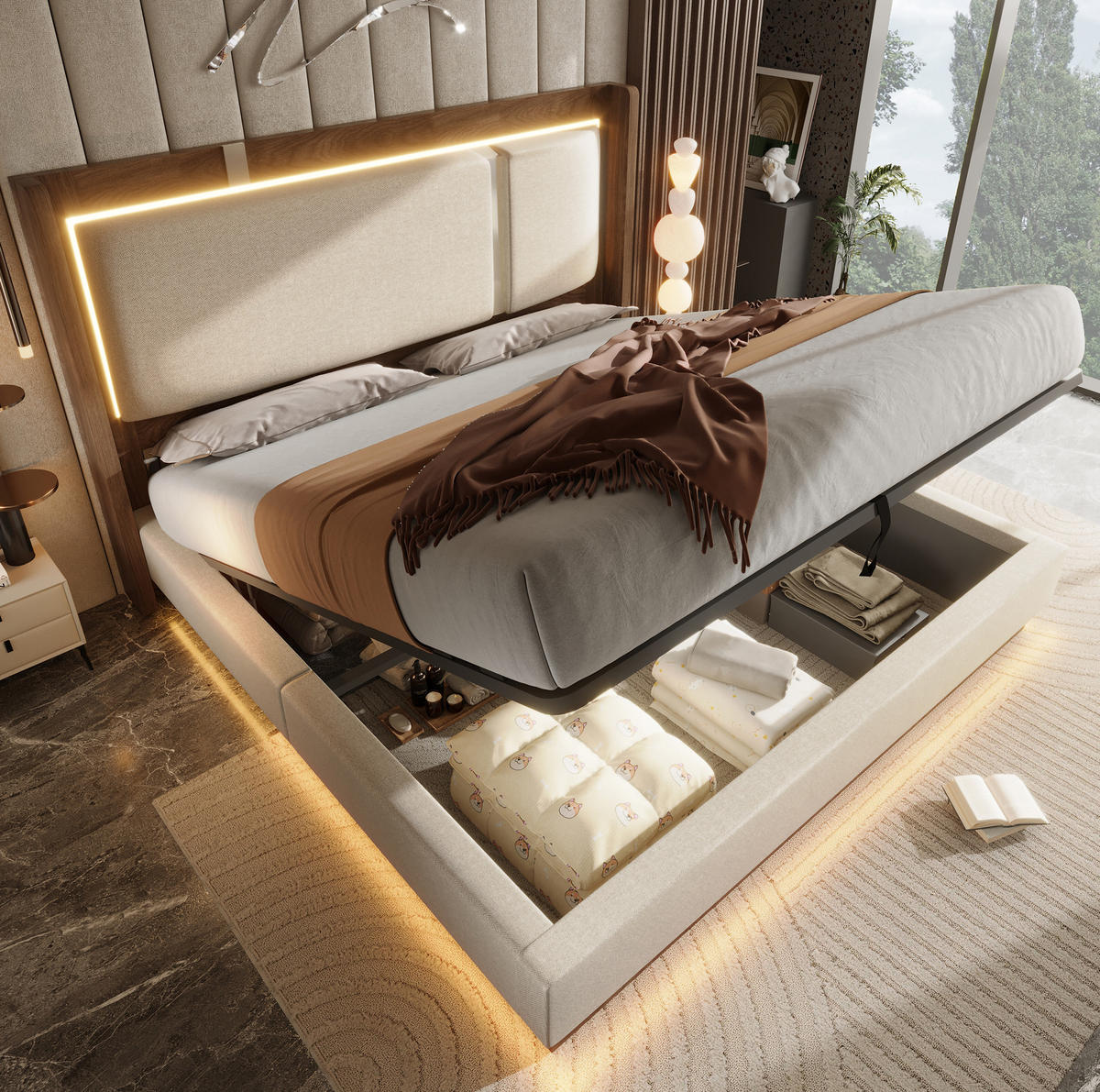 POLSTERBETT aus Leinen, Holz und Metall 180x200 cm Beige/Walnuss mit LED-Beleuchtung, Bettkasten und Lattenrost - Beige, Textil (180/200cm) - Modfu