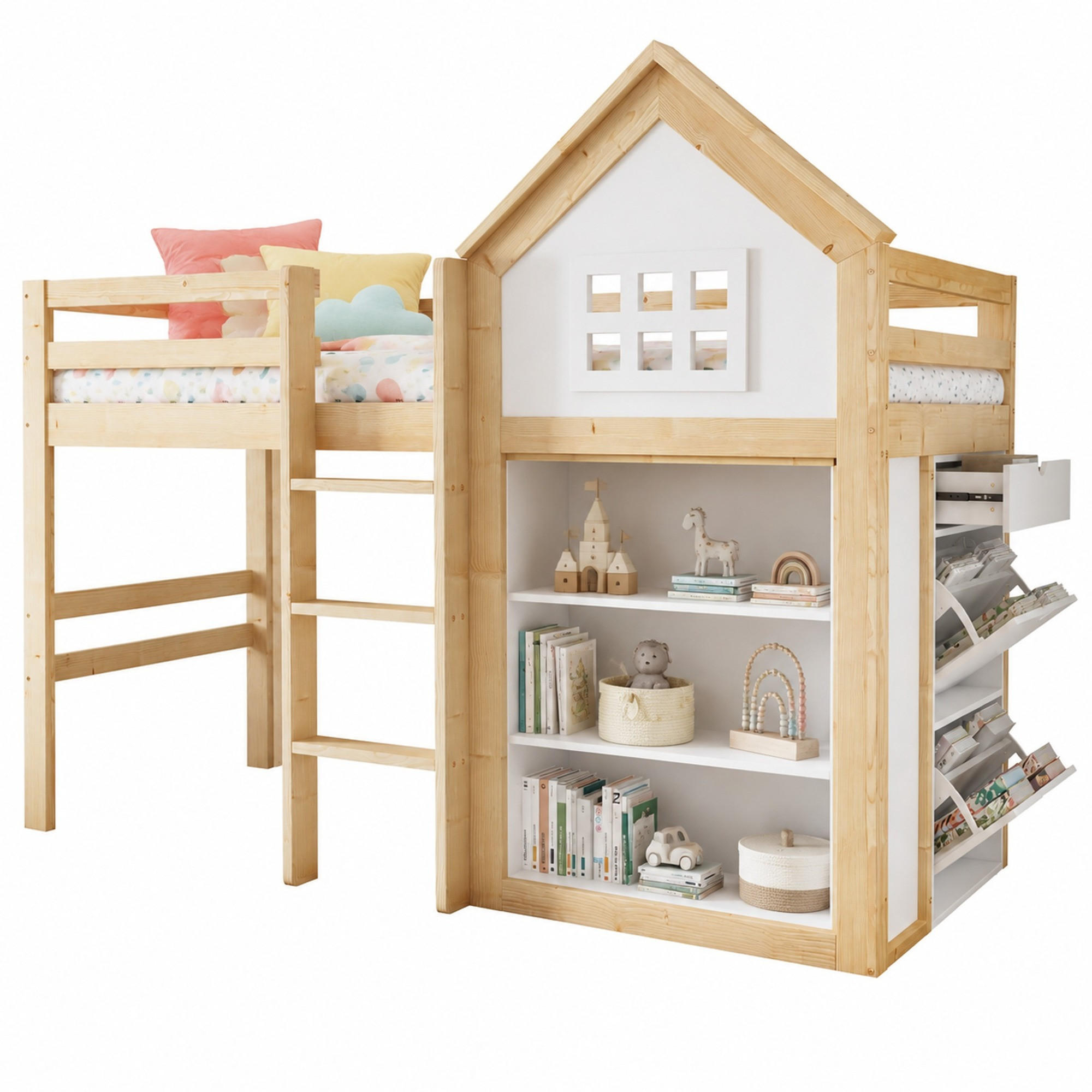 HOCHBETT 90/200 mit Staufächern, Schubladen und Sicherheitsgeländer in Weiß und Natur - Weiß/Naturfarben, Holzwerkstoff (90/200cm) - EVRYAE