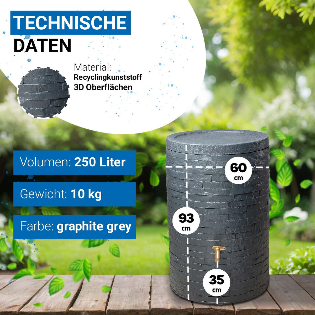 REGENTONNE 250 L, graphite grey - Grau, Kunststoff (60/93/60cm) - 4rain