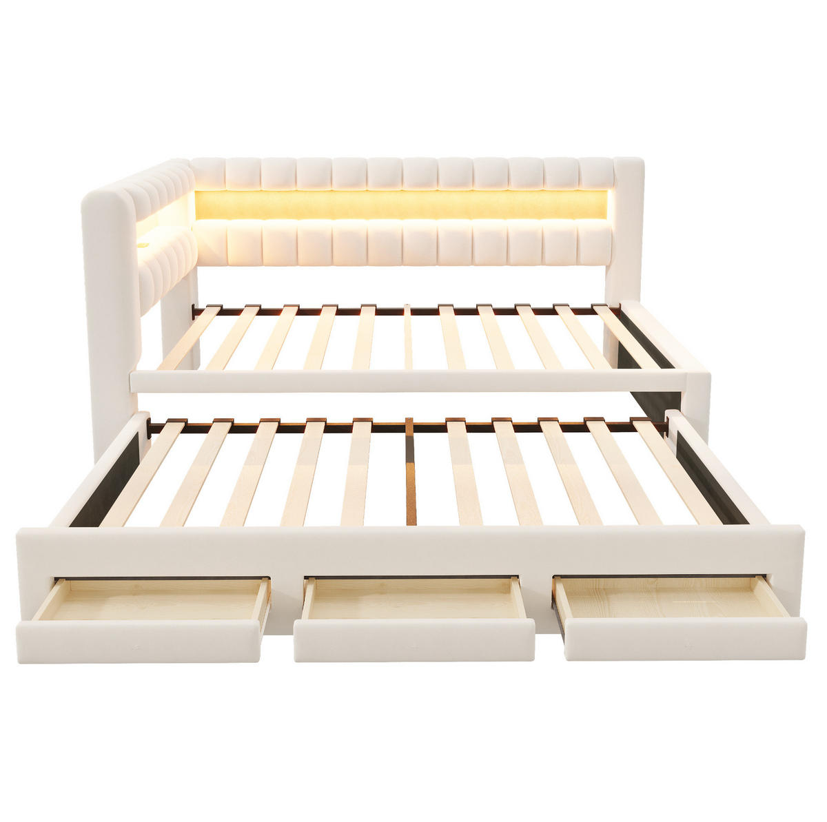 POLSTERBETT Schlafsofa aus Samt 90x190 cm Beige mit Ausziehbett, Stauraum, LED-Beleuchtung und USB-/Typ-C-Anschluss - Beige, Textil (90/190cm) - Modfu