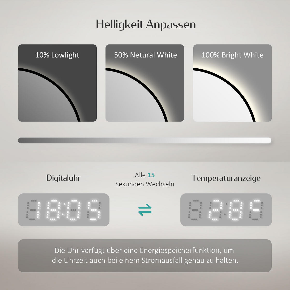 BADSPIEGEL Rund mit Beleuchtung Schwarz ф60 cm - Schwarz, Glas (60/3.1/60cm) - EMKE
