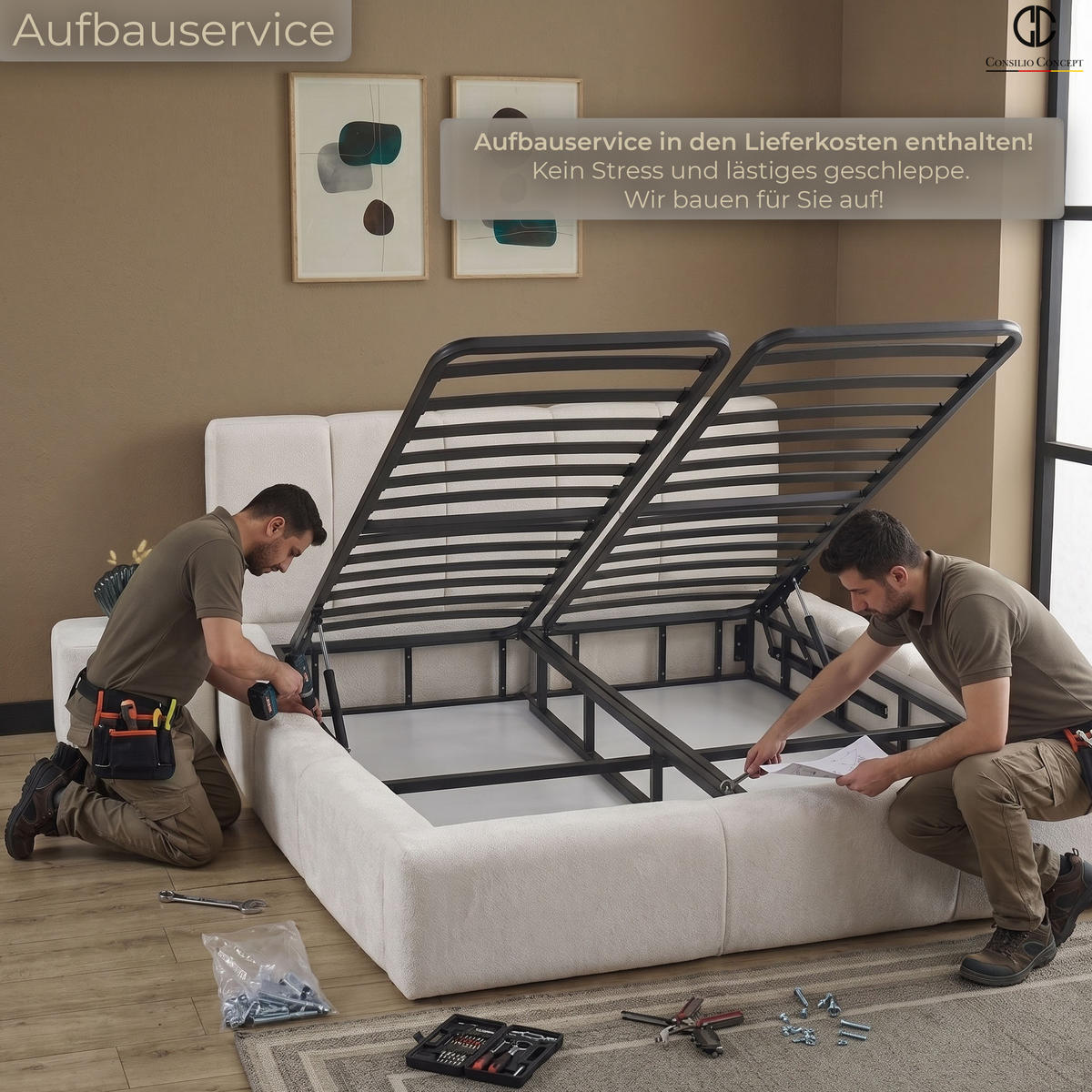 BOXSPRINGBETT MIT BETTKASTEN ELSA 180/200 cm, Ivory, Bettkasten, Matratze, Topper integriert, H3 mittel - Creme/Schwarz, Holz/Kunststoff (180/200cm) - Consilio Concept