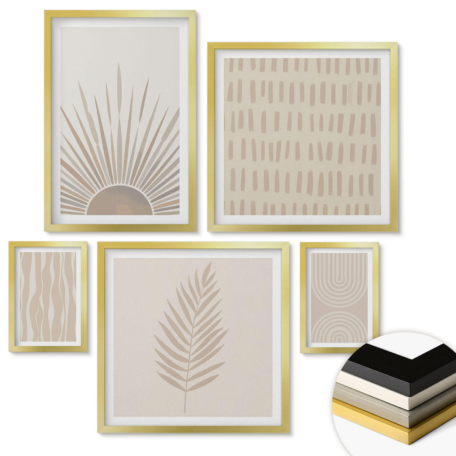 WANDBILDER 5er Set - 50x50 cm & 20x30 cm & 40x60 cm Goldrahmen - Beige Pflanzenmuster - Goldfarben, Kunststoff (40/60cm) - ArtPrintCave