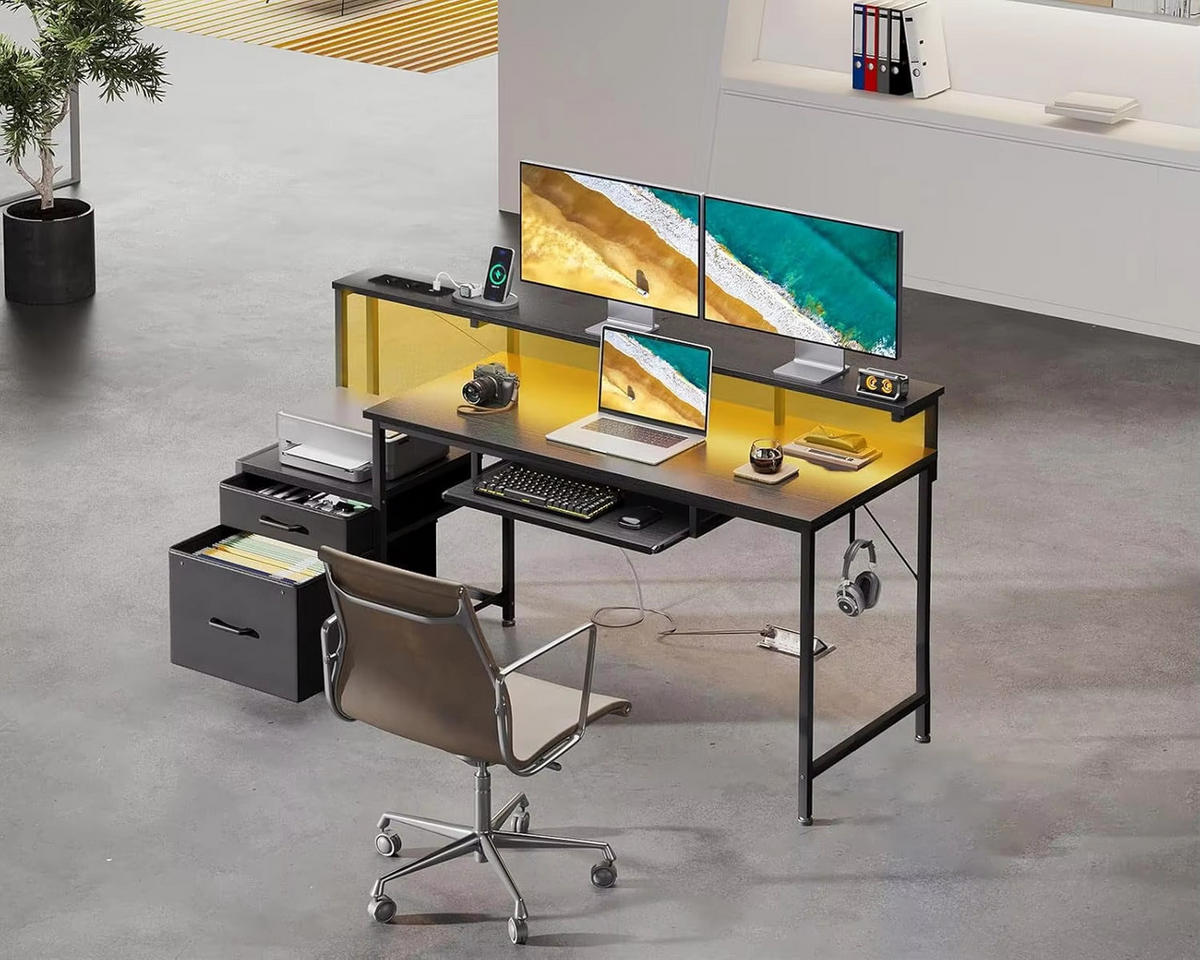 COMPUTERTISCH mit LED 140×48 cm Schwarz - Schwarz, Holz (140/48/75.7cm) - Kaket