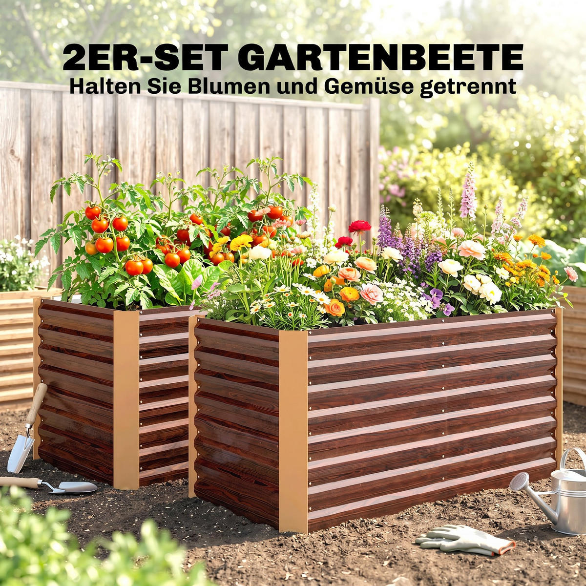 HOCHBEET-SET, 120L x 60B x 60H cm - Braun, Metall (60/60/120cm) - Outsunny