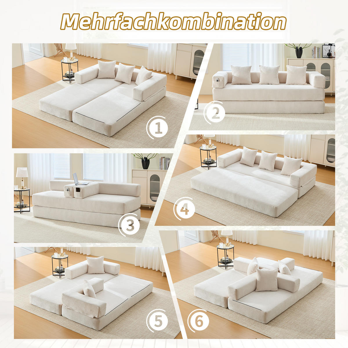 3-SITZER SOFA Chenille Beige mit Seitentaschen, Reißverschluss und rutschfester Unterseite - Beige, Holzwerkstoff/Textil (198/60/79cm) - WISHDOR