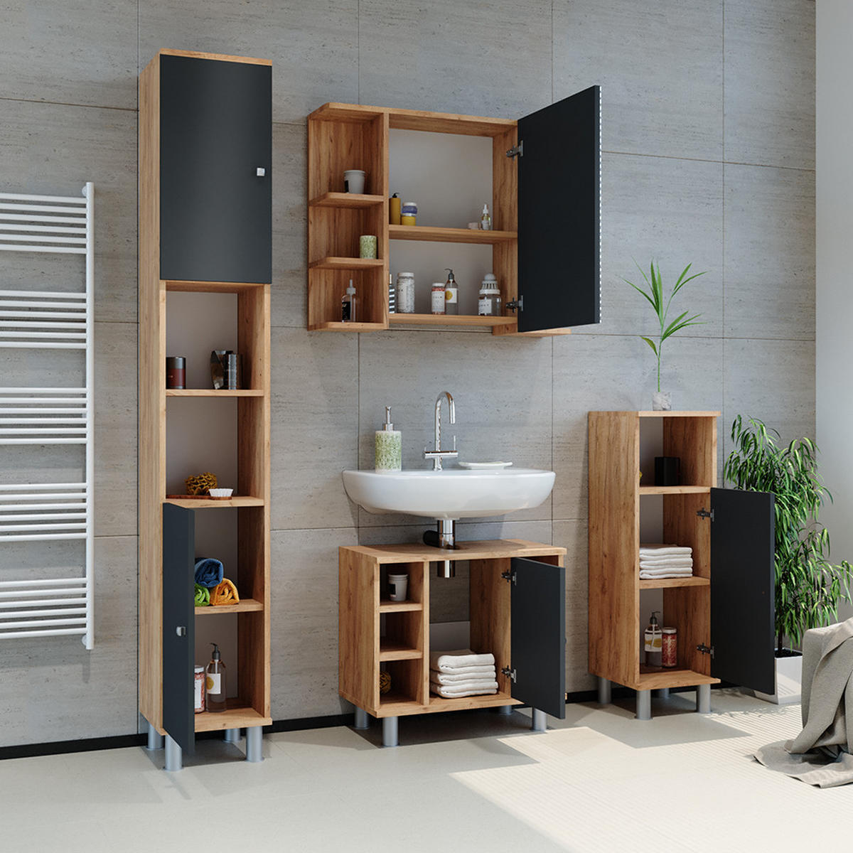 BADSPIEGELSCHRANK Fynn Goldkraft Eiche 79.6 x 64 cm - Anthrazit/Eiche Wotan, Holzwerkstoff (79.6/64/21.2cm) - Vicco