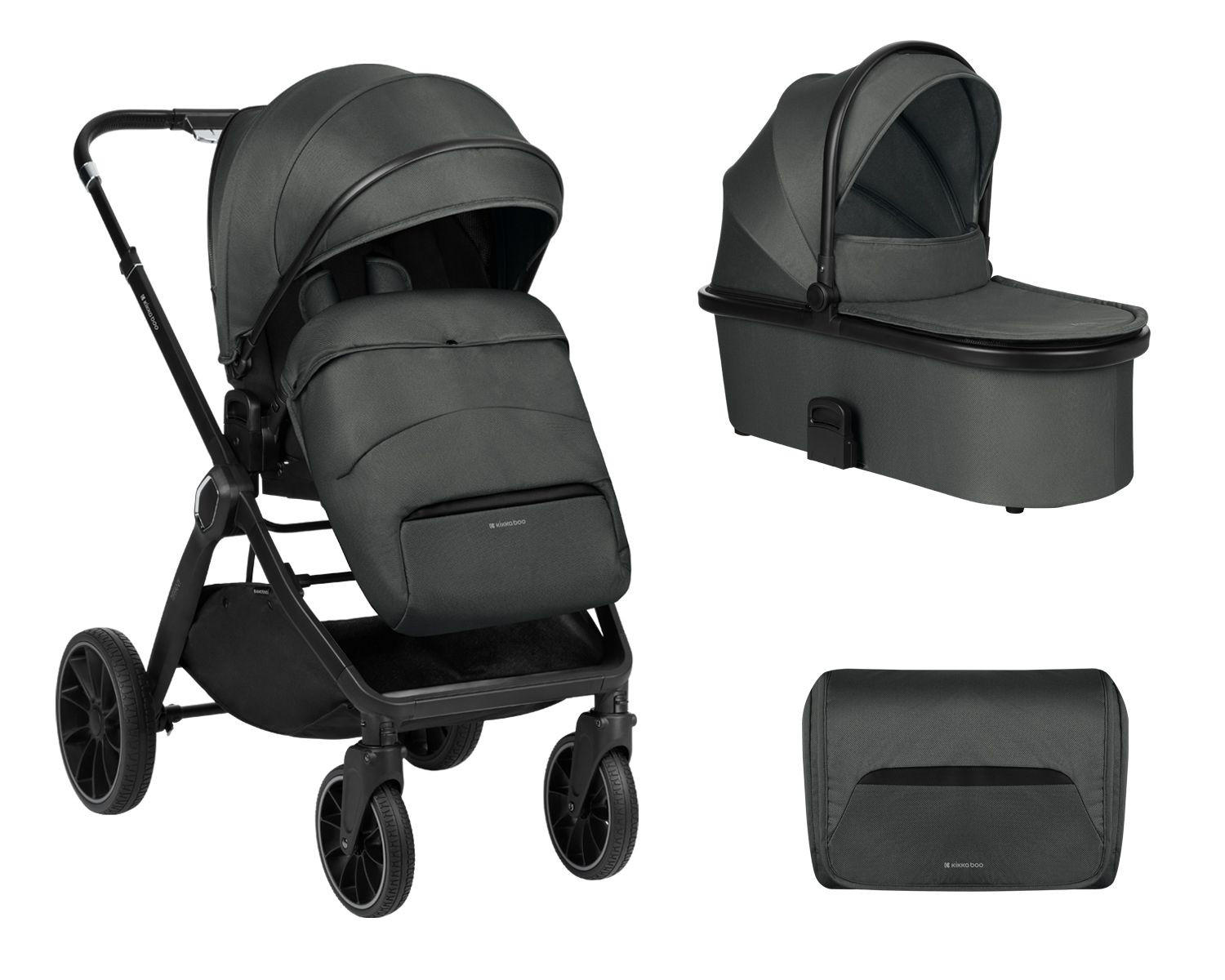 KINDERWAGEN Tiffany 2 in 1 grau/schwarz Babywanne, Sportsitz, Wickeltasche, PU-Räder - Anthrazit, Metall (81/59/102cm) - Kikka boo
