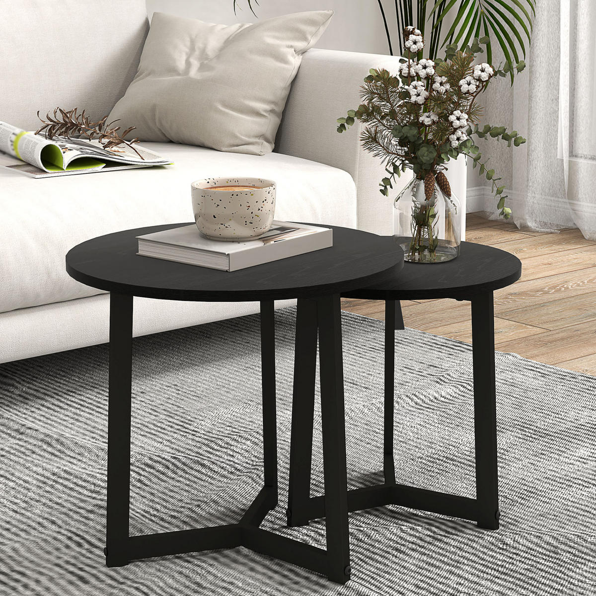 COUCHTISCH-SET 48/48/45 cm, ineinanderschiebbar mit Stahlgestell und MDF-Platte, Schwarz - Schwarz, Metall (48/48/45cm) - Redom