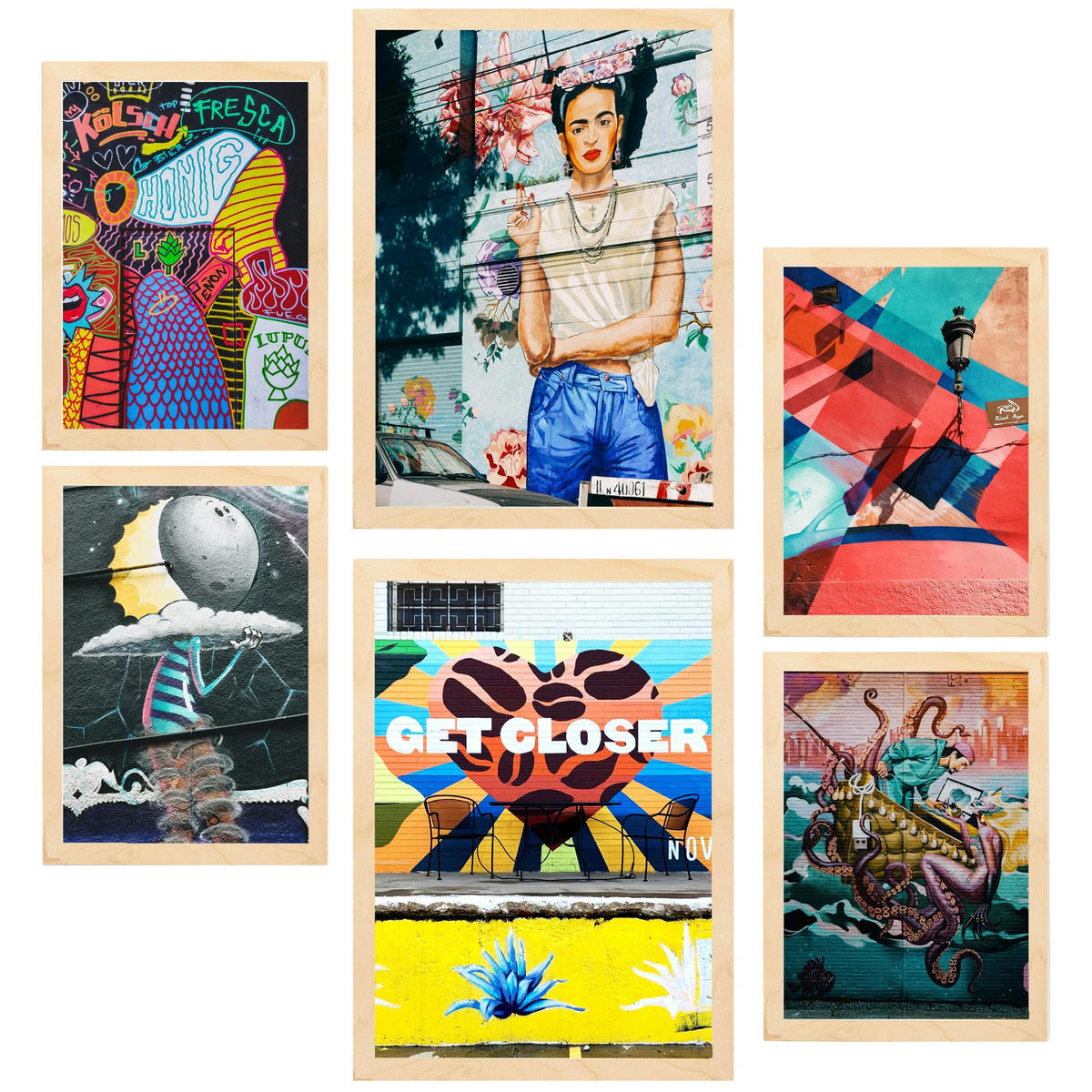 POSTER Set Mit 6 Straßengraffiti Voller Farbe Anspruch Auf Wandgemälde A3 & A4 Rahmen Aus Hellem Holz - Beige, Papier (29/3cm) - Nacnic
