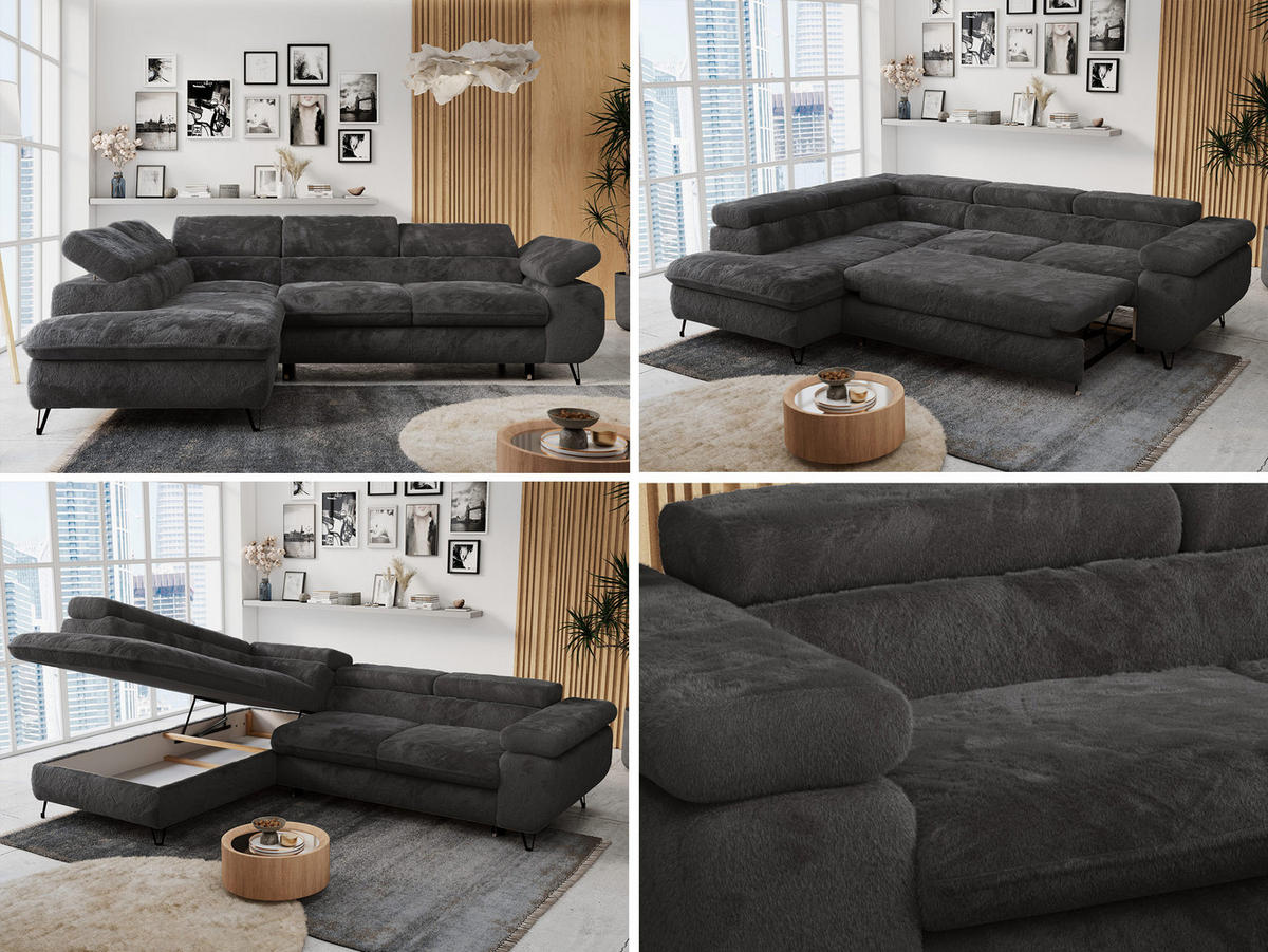 ECKSOFA PETER L Anthrazit Plüsch - Links Seite - Anthrazit/Schwarz, Textil/Metall (208/273cm) - MKS