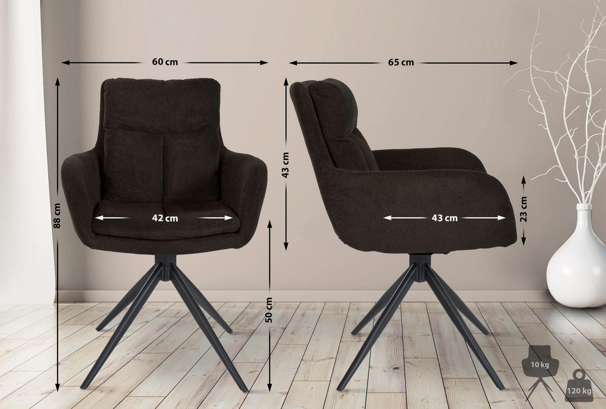 ARMLEHNENSTUHL 2er Set Stoff Braun - Schwarz/Braun, Textil/Metall (60/88/65cm) - CLP