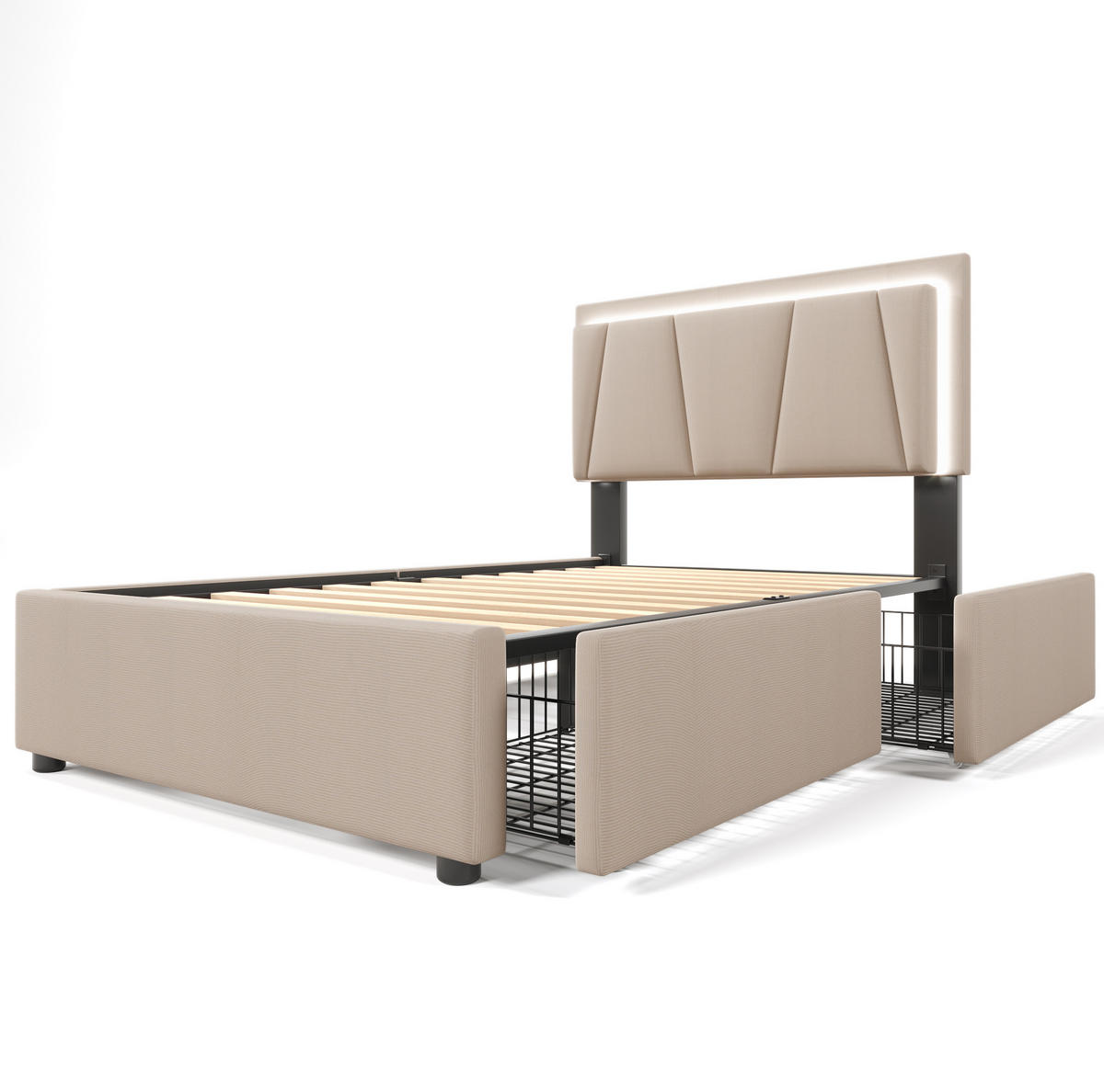 POLSTERBETT 90/200 cm in Beige mit LED-Beleuchtung, 2 Schubladen und Matratze - Beige, Holzwerkstoff (90/200cm) - Flora Grace