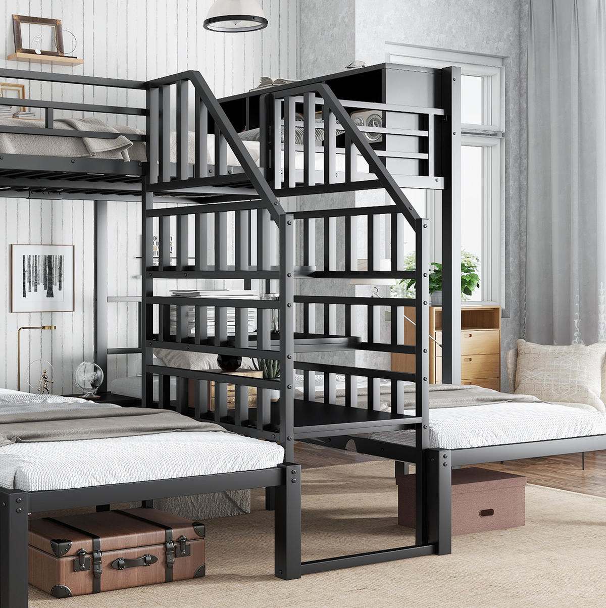 ETAGENBETT mit 3 Schlafplätzen 90x200 & 140x200 cm in Schwarz mit Stauraum - Schwarz, Metall (140/200cm) - IVMEU