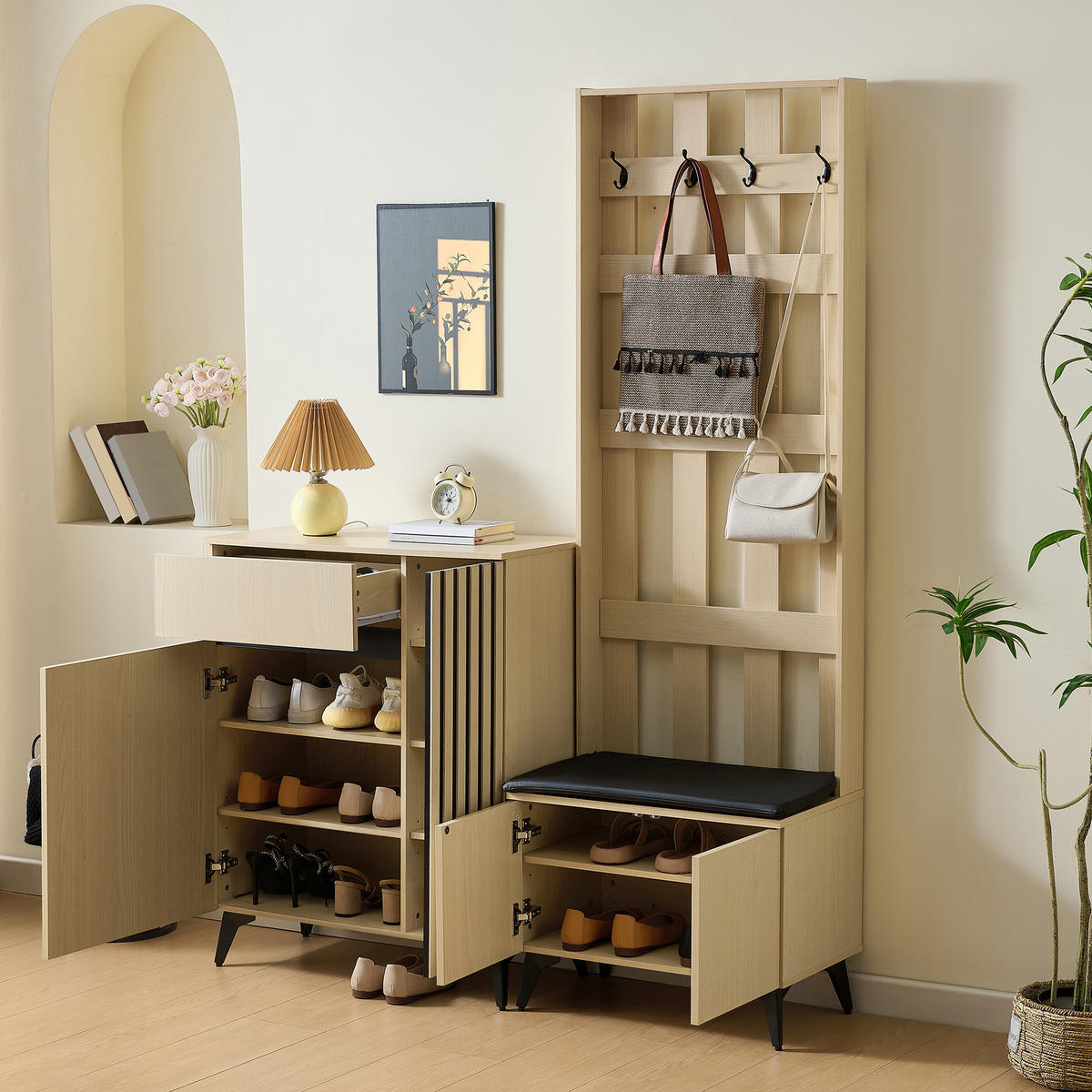 GARDEROBE Set Sitzbank Schuhschrank Sideboard Modern Flur Weiß - Naturfarben, Holzwerkstoff (60/179.5/35cm) - FLIEKS
