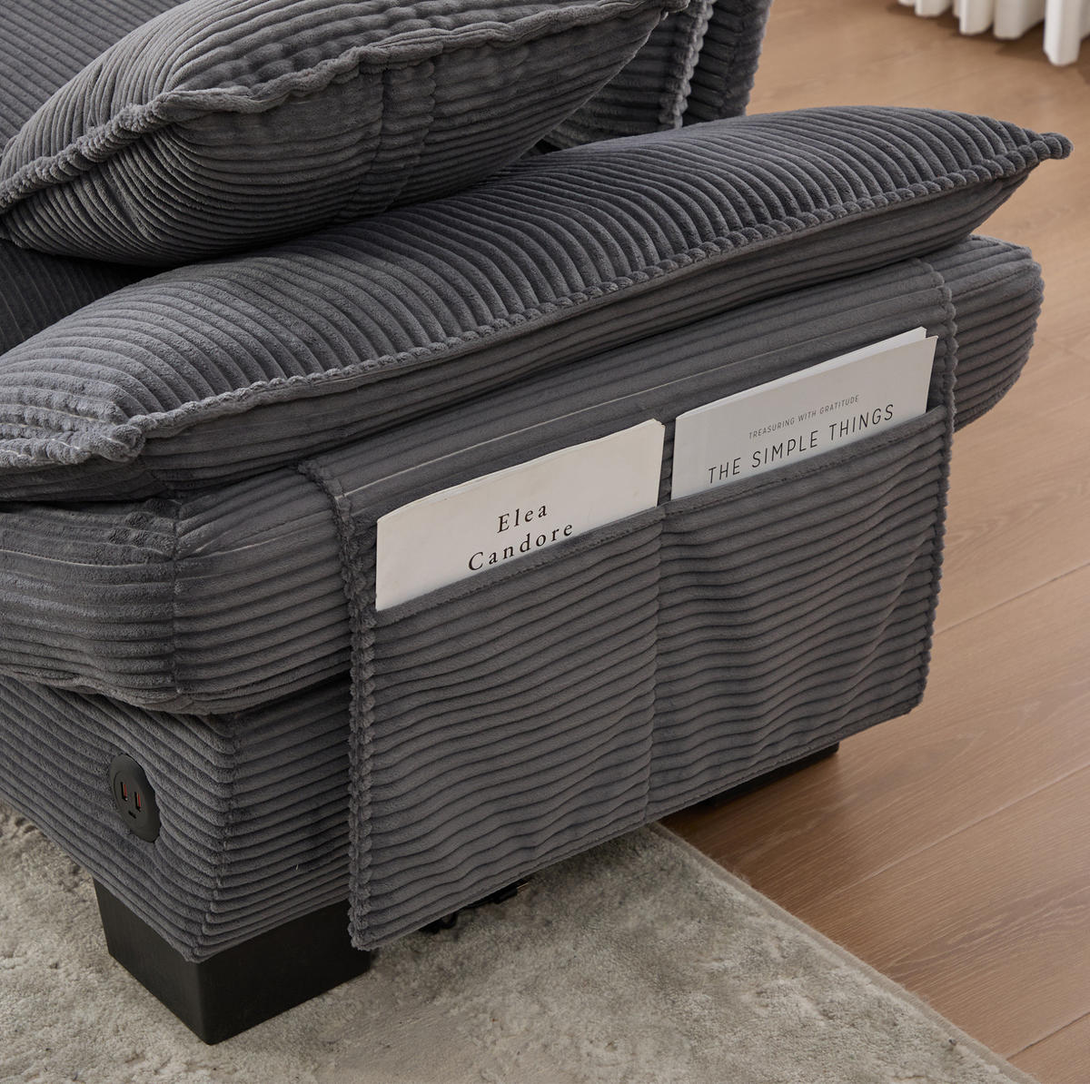 3-SITZER Sofa aus Cordstoff 260x132x84 cm in Dunkelgrau mit USB-C & Seitentaschen - Dunkelgrau, Textil (132/84/260cm) - Modfu