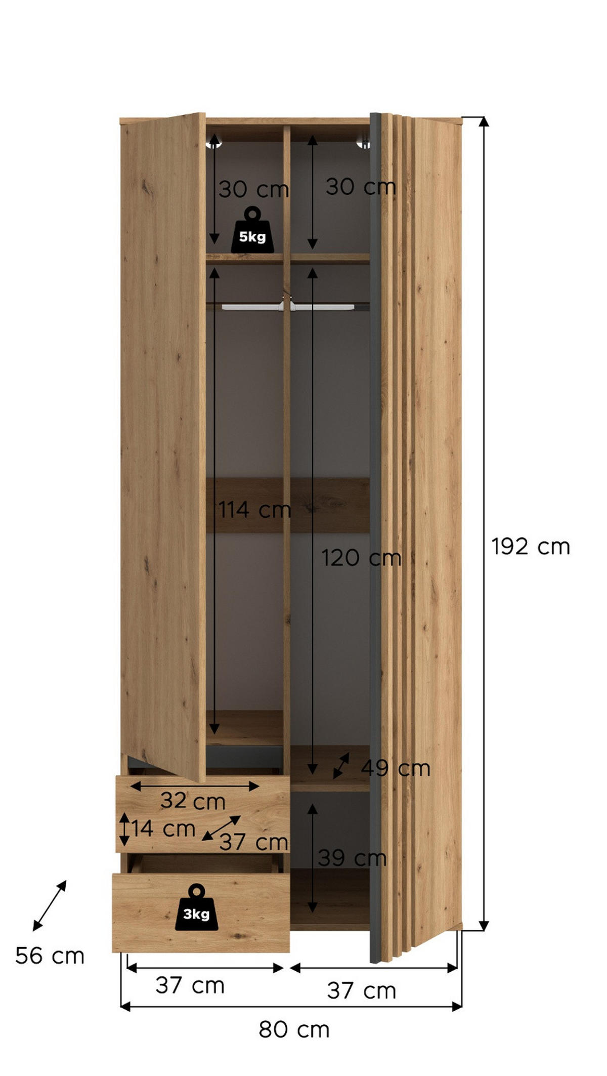 KLEIDERSCHRANK Eiche Artisan, grau 80 x 192 cm, Wäscheschrank 2-türig - Anthrazit/Eiche Artisan, Holzwerkstoff (80/192/56cm) - Inn.Furn