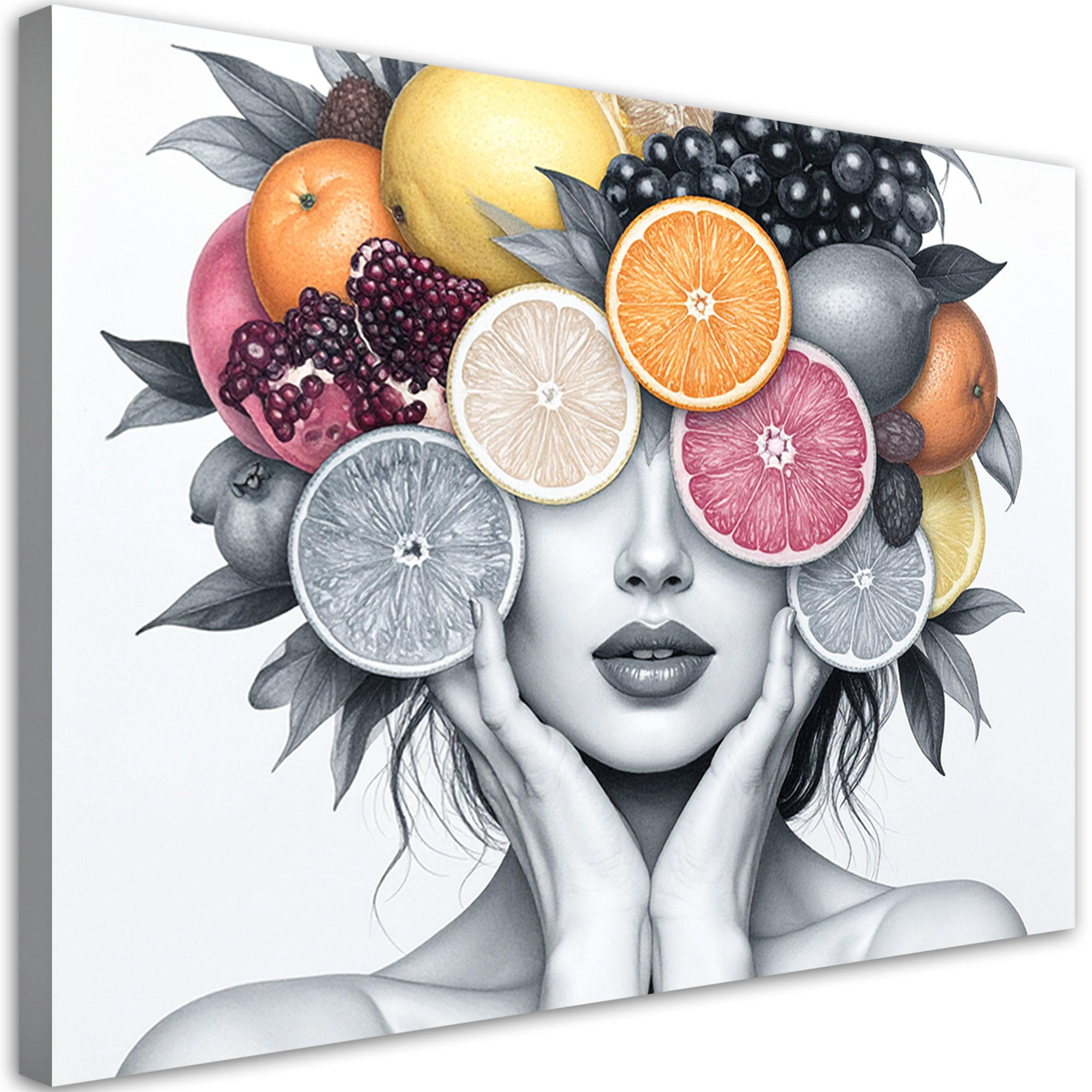 LEINWANDBILD Frau mit Früchten auf dem Kopf 120x80cm - Grau, Textil (120/80cm) - Feeby