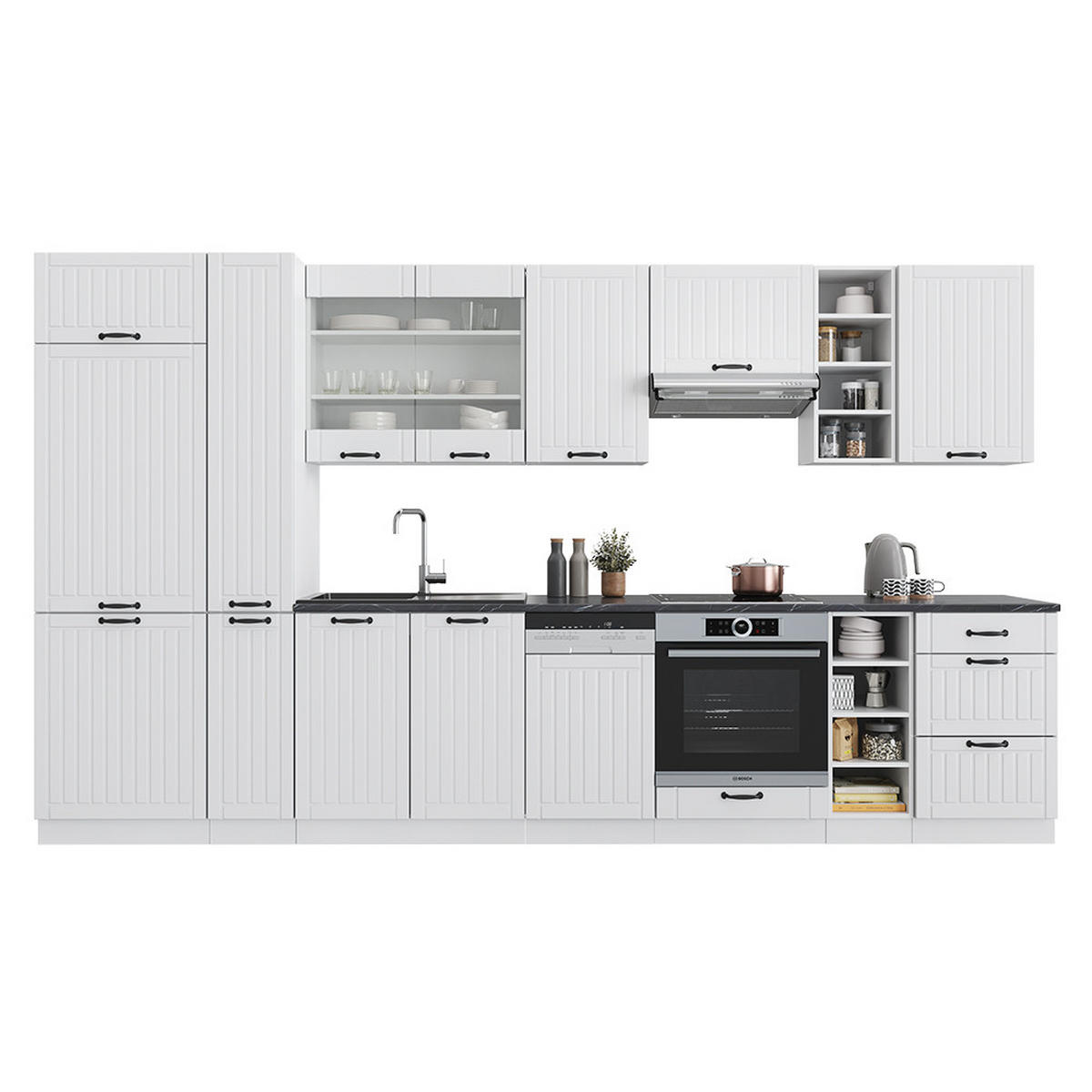 KÜCHENZEILE Fame-Line Weiß Landhaus/Weiß 355 cm mit Hochschrank ohne AP - Weiß, Holzwerkstoff (355/81.6/46cm) - Vicco