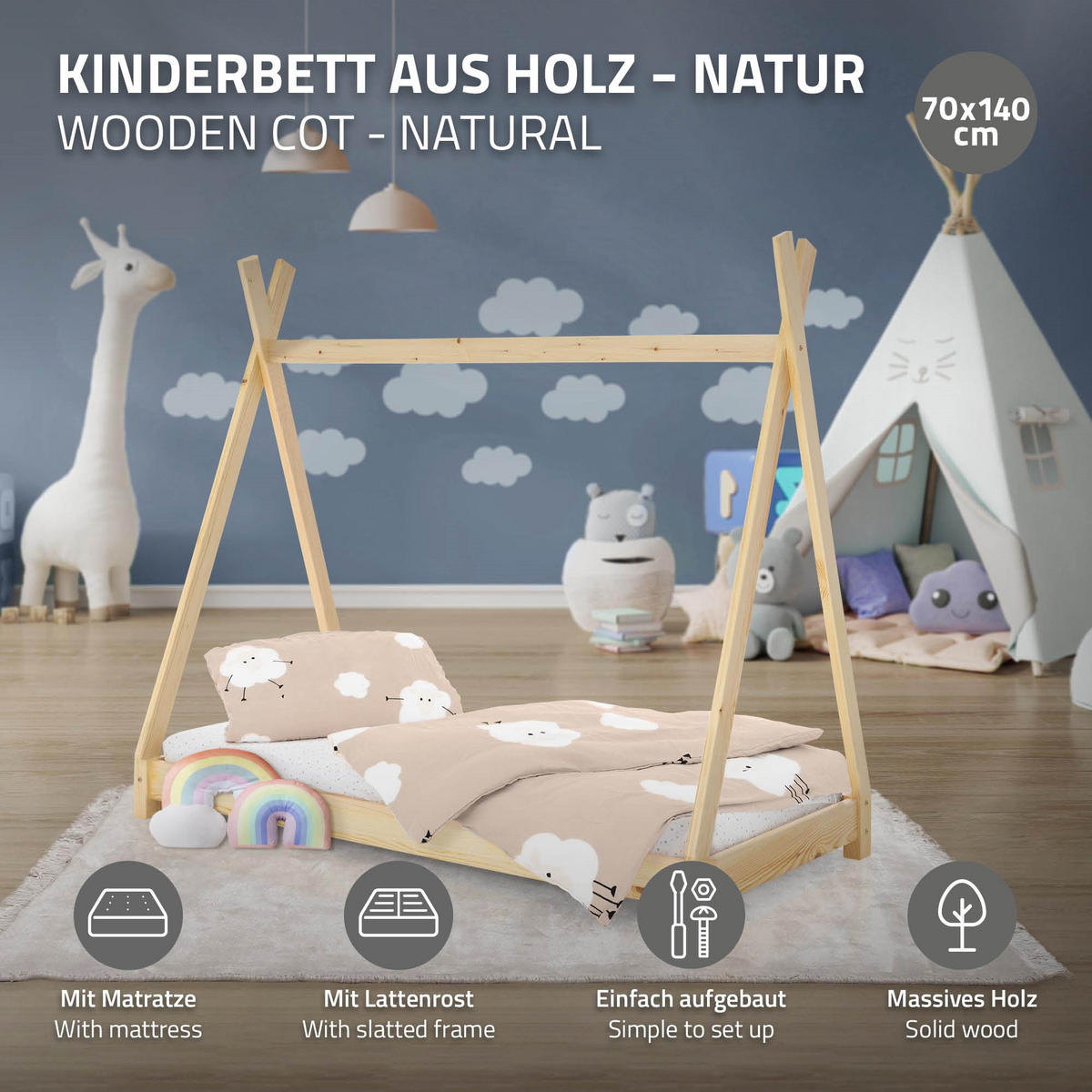 KINDERBETT Tipi mit Matratze 70x140 cm Natur - Naturfarben, Holz (70/140cm) - ML-DESIGN