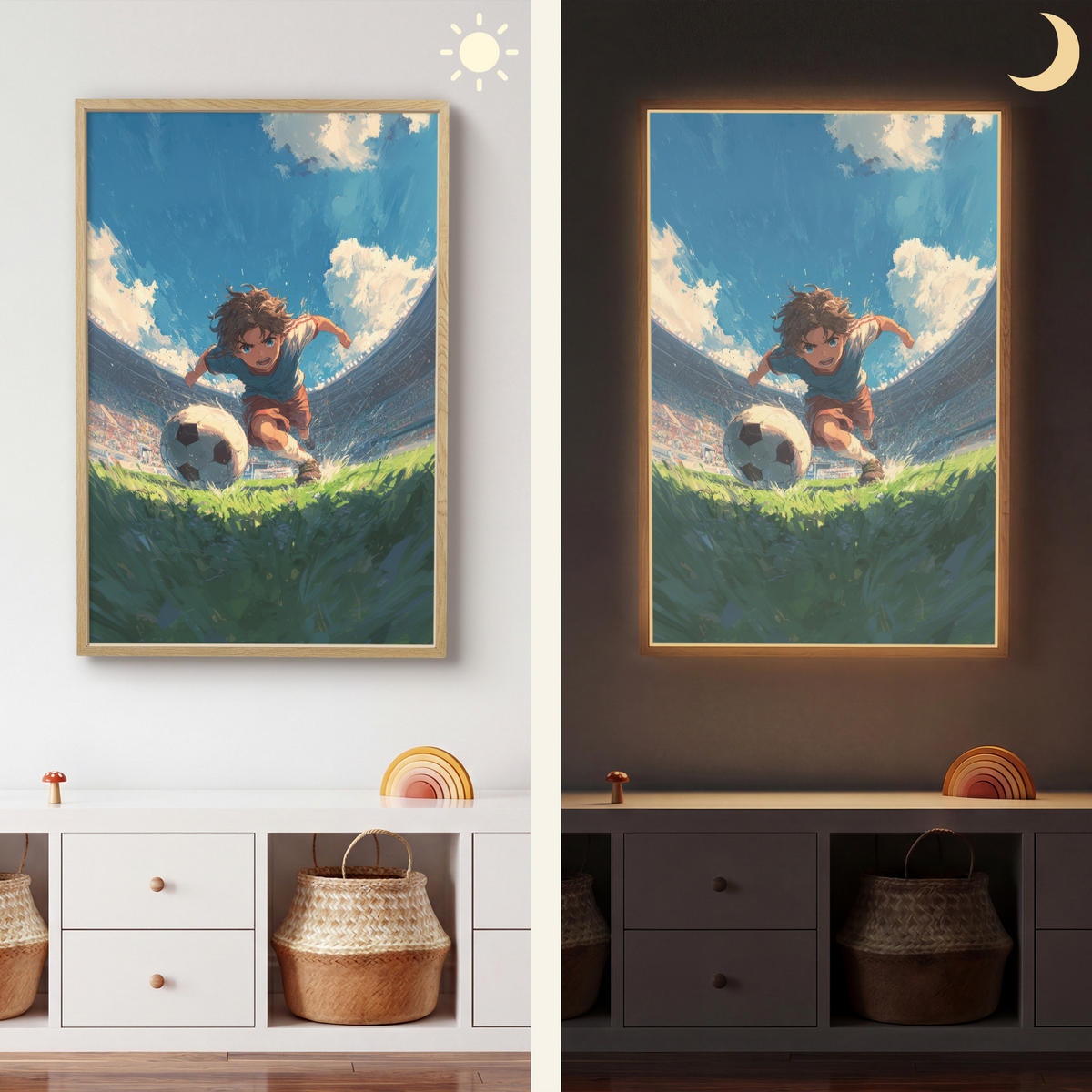 NÁSTĚNNÁ LAMPA S AKUMULÁTOREM Stadion - Fotbalista - Míč 60x90 cm - modrá, kompozitní dřevo (60/90/8cm) - OnlyWow