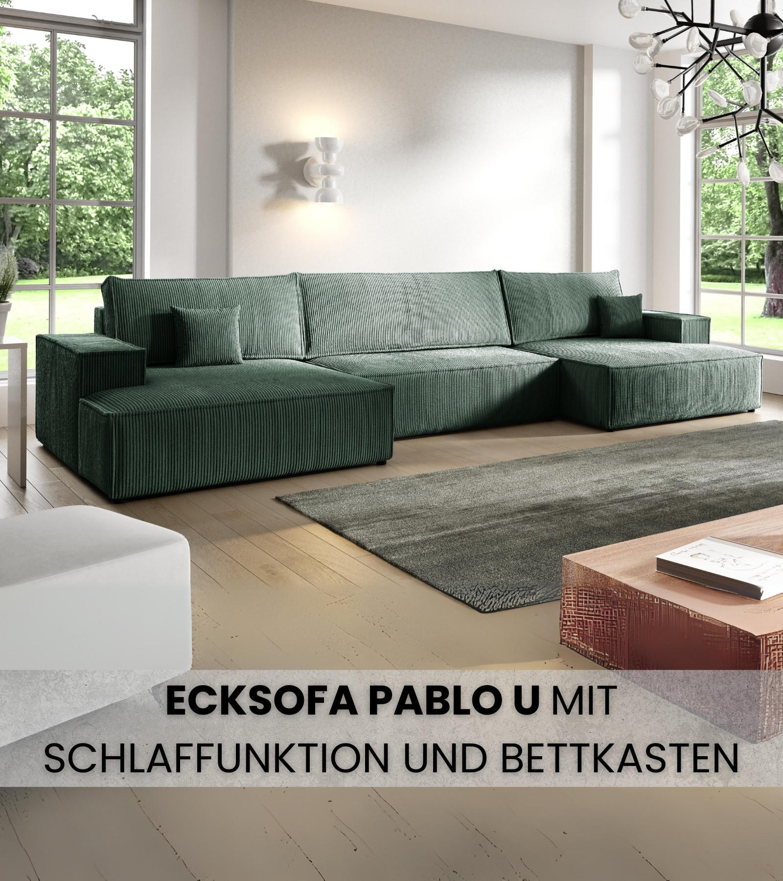 WOHNLANDCHAFT Pablo U mit Schlaffunktion Grün Cord - Grün, Textil (398/85/148cm) - Bromarkt