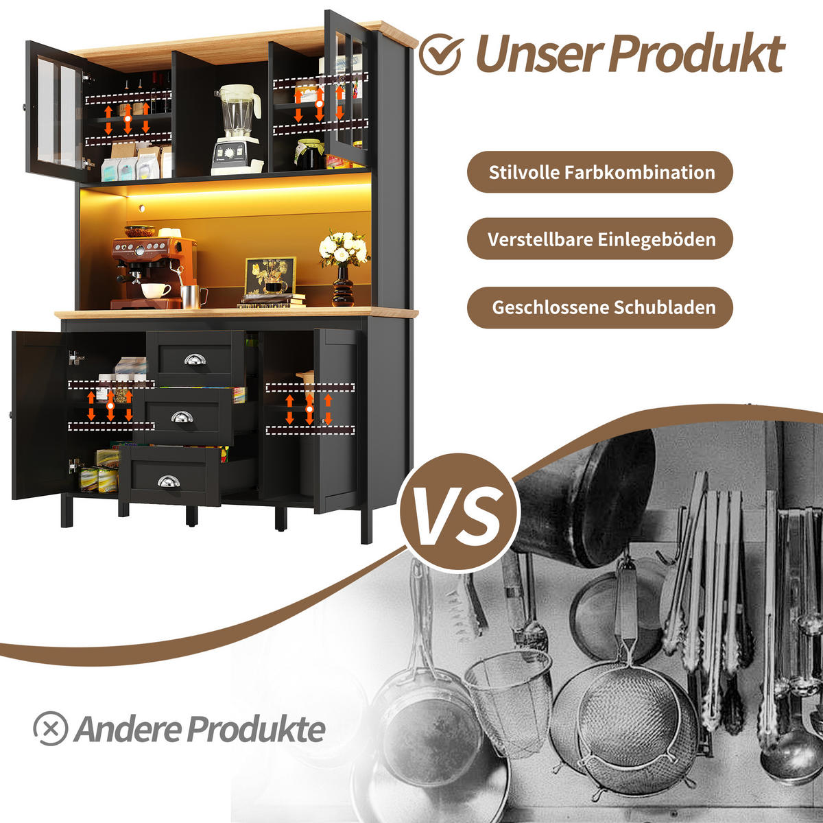 KÜCHENSCHRANK LED 120x40x179Cm 4 Türen 3 Schubladen - Schwarz, Metall (120/179/40cm) - FLIEKS