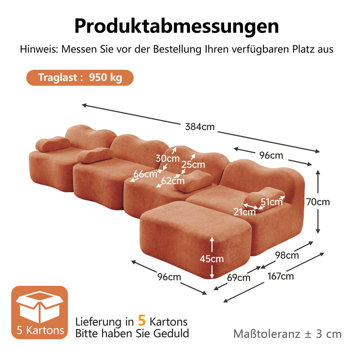 ECKSOFA 384/167/70 cm in Orange aus Samt, rahmenlos und flexibel - Orange, Textil (167/384cm) - Flora Grace