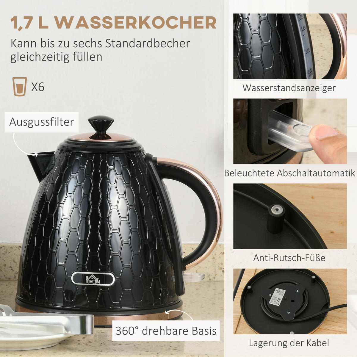 TOASTER mit Wasserkocher DE-07920 Schwarz - Schwarz, Metall (19.5/23.4/24.2cm) - ComfortXL