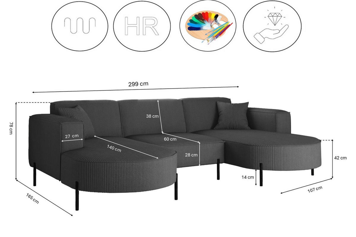 ECKSOFA Designer Modena U Rein stoff Poso Graphit - Graphitfarben, Holz (165/299cm) - Kaiser Möbel