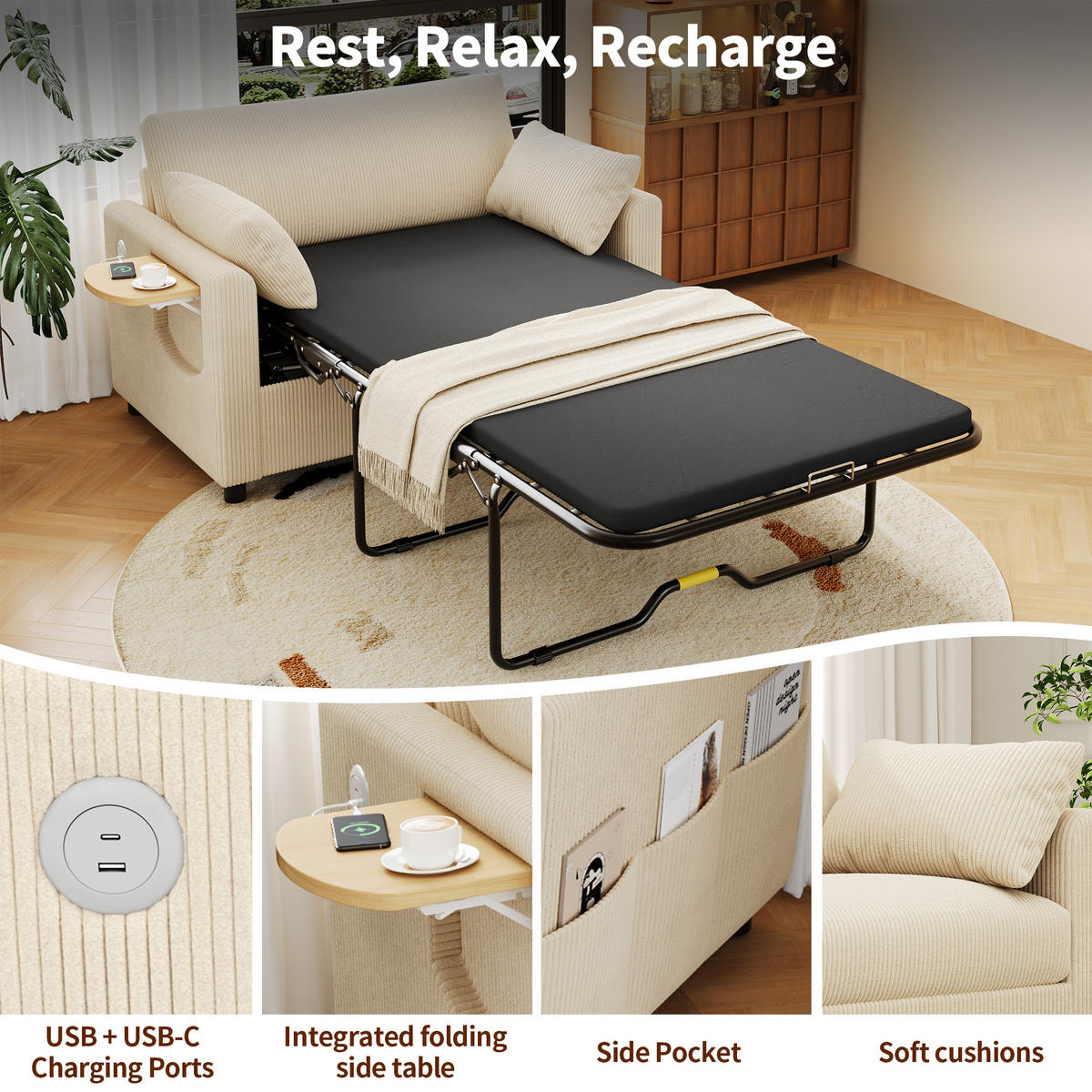 SCHLAFSOFA 2-Sitzer ausziehbar mit USB und Seitentisch, Beige - Beige, Textil (134/84/82cm)