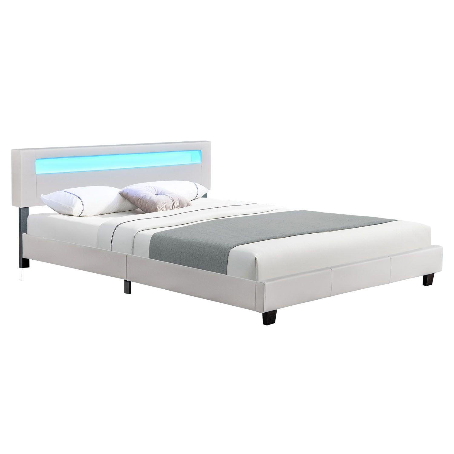 POLSTERBETT Paris weiß 160x200cm mit Matratze und LED (16 Farben) - Weiß, Textil (160/200cm) - Juskys