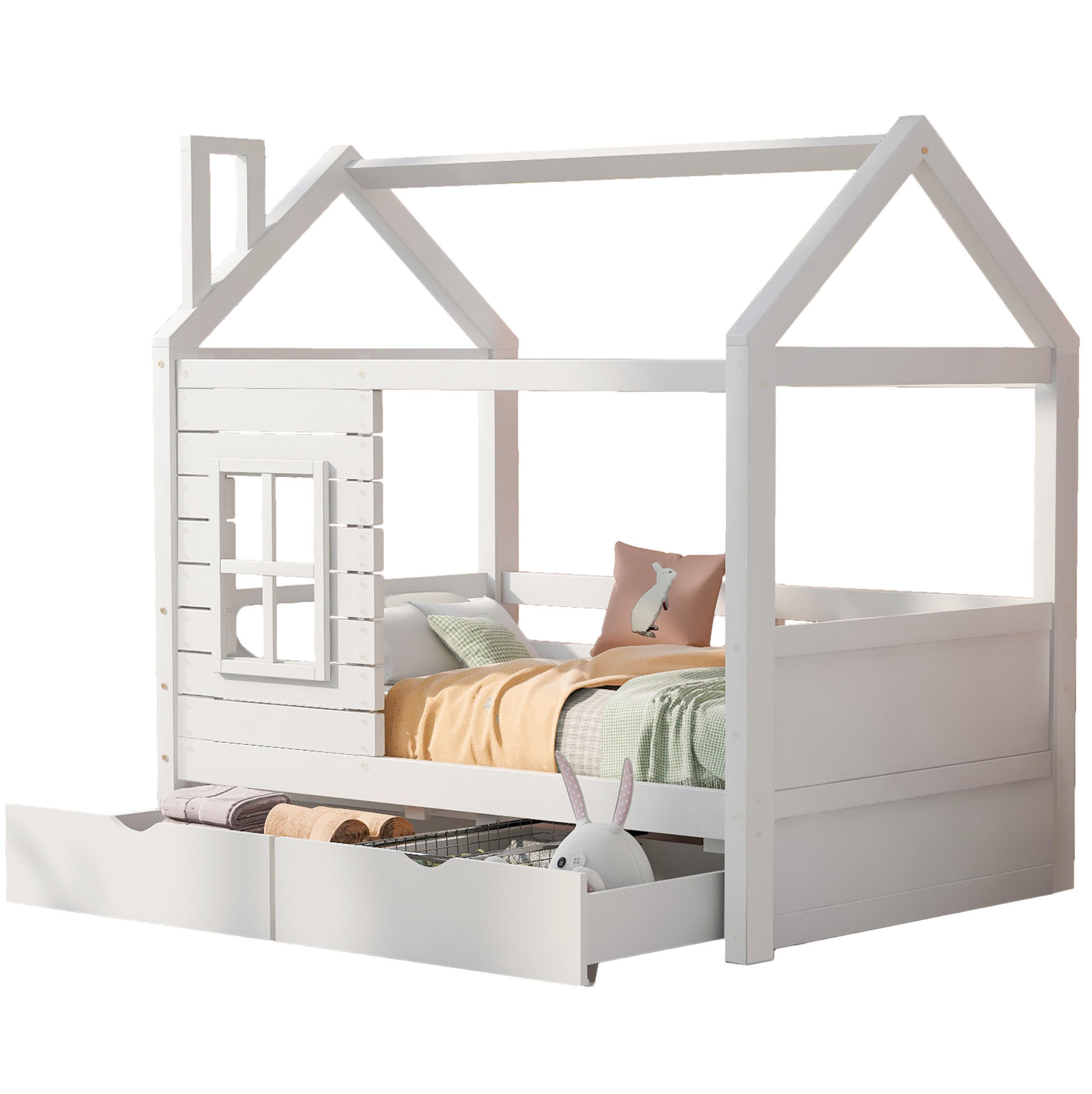 HAUSBETT 80/160 cm Weiß aus Kiefer Massivholz mit Rausfallschutz - Weiß, Holz (80/160cm) - OKMYHOME