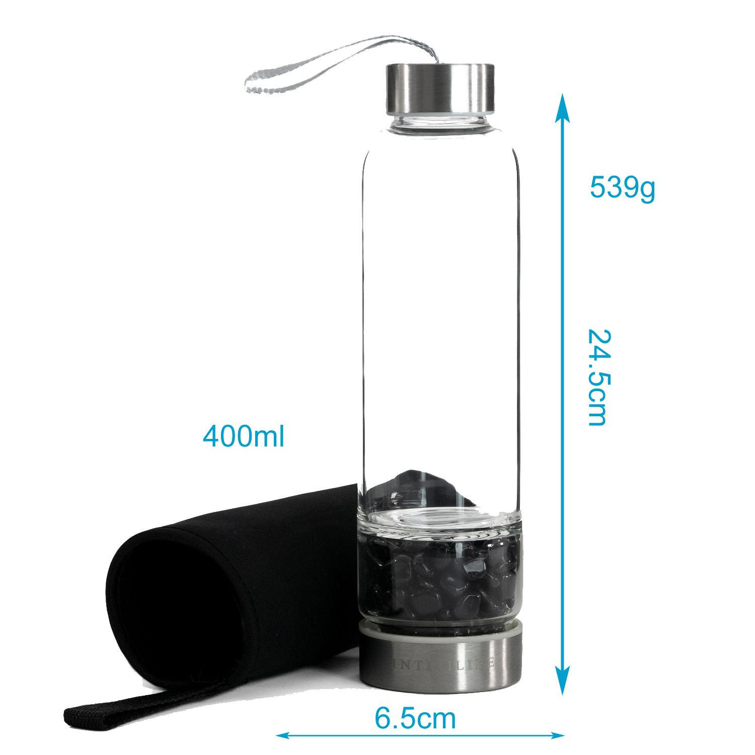WASSERFLASCHE mit Heilsteinen und Tasche 400ml - Schwarz, Glas (0.4L) - Intirilife