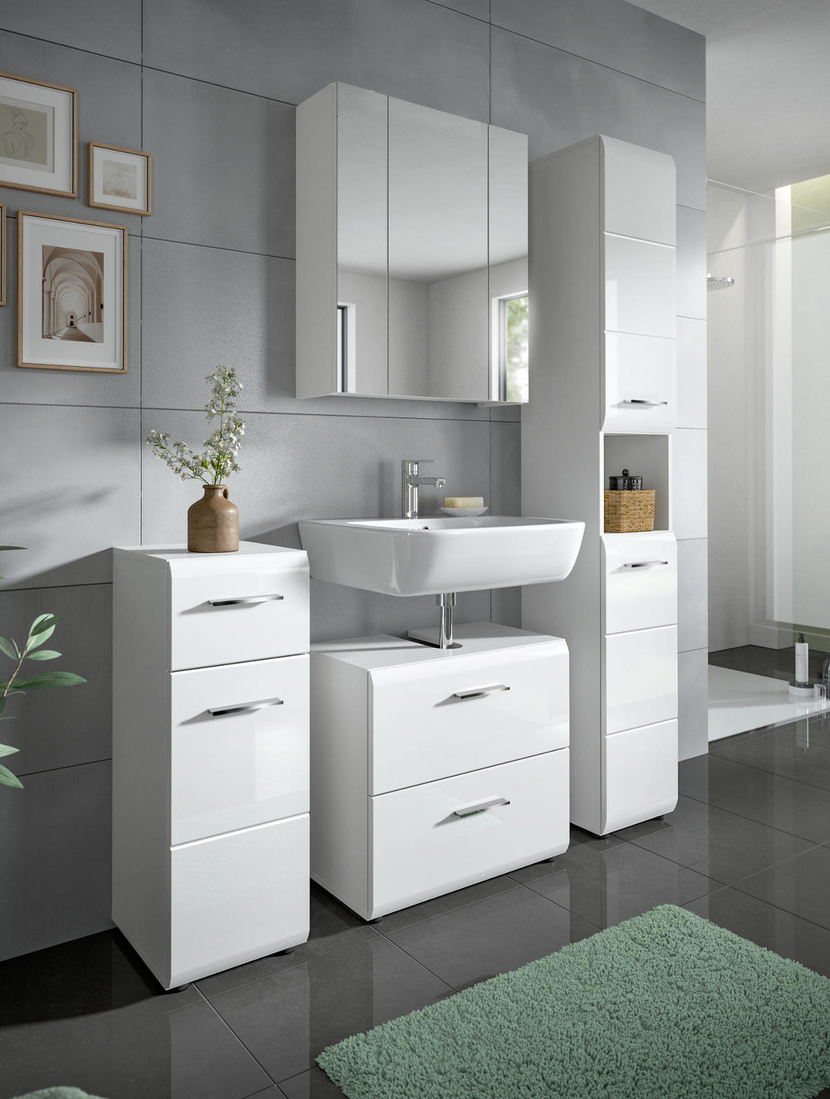 BADMÖBEL-SET 4-teilig in weiß Hochglanz Badkombination 150 x 185 cm Cover - Weiß Hochglanz/Silberfarben, Holzwerkstoff/Kunststoff (150/185/30cm) - Inn.Furn