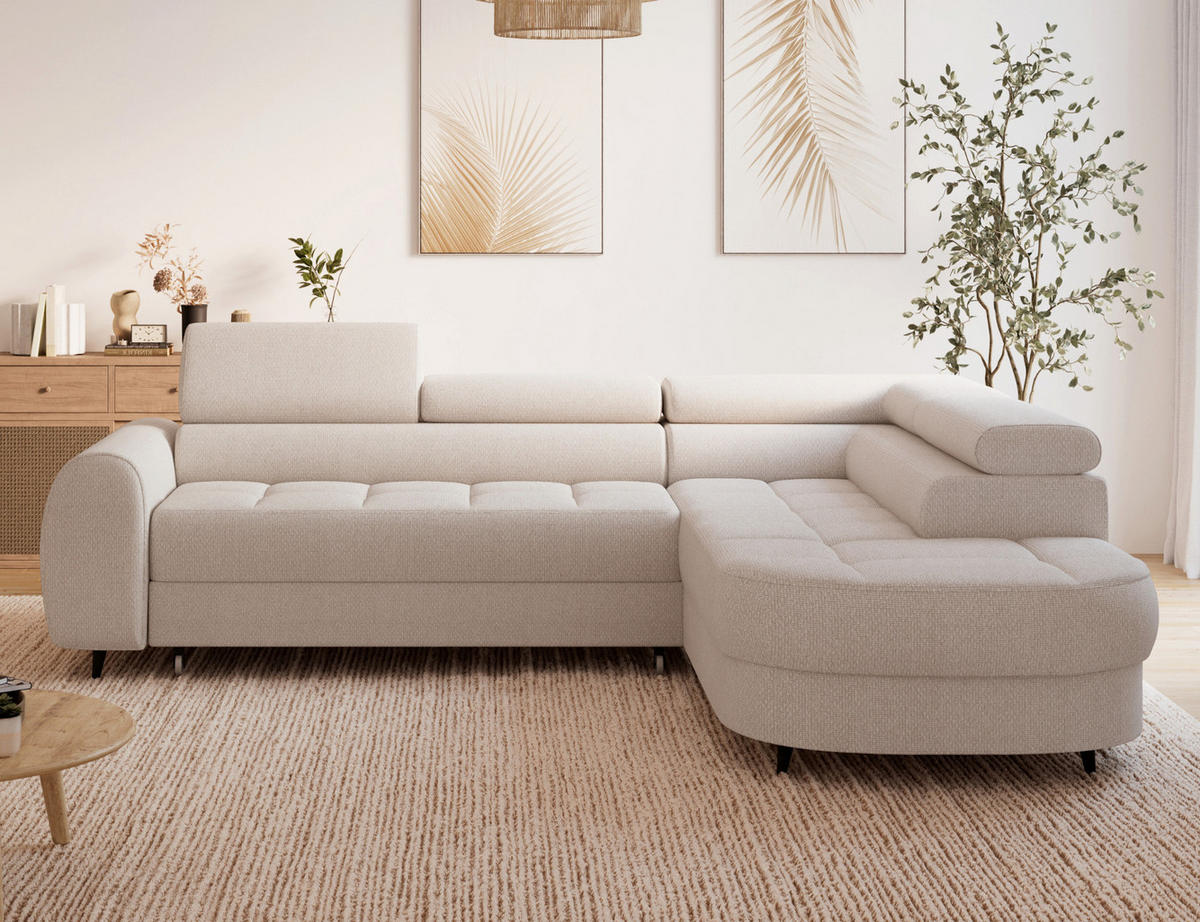 ECKSOFA Vesteria mit Schlaffunktion und Bettkasten – Modernes Design, verstellbare Kopfstützen und hoher Sitzkomfort - Beige, Kunststoff (279/72cm) - Wohnideebilder