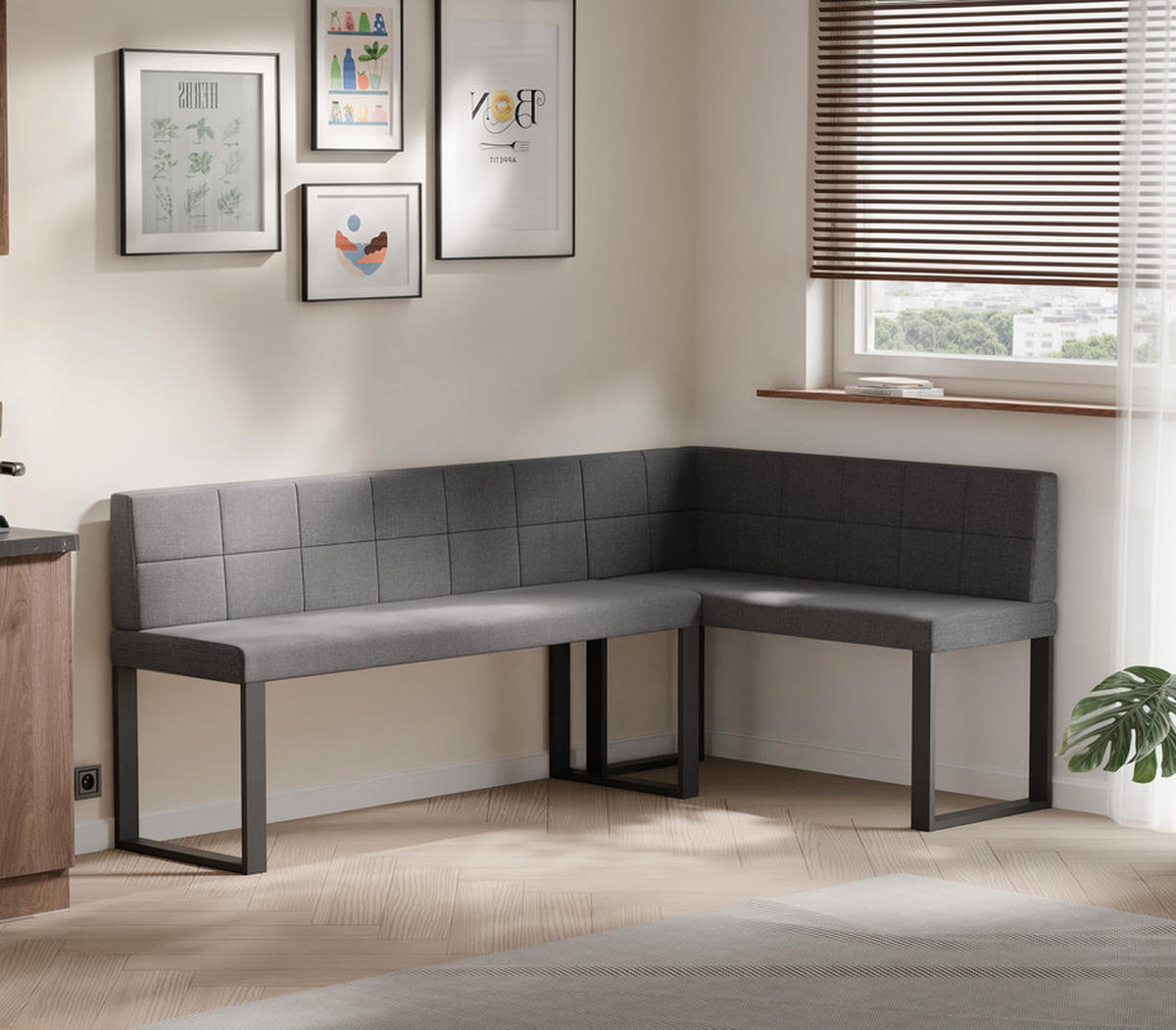 ECKBANK rechts SANA U Webstoff gesteppt, 142/196 cm Dunkelgrau - Dunkelgrau, Textil/Metall (142/196cm) - Idohome