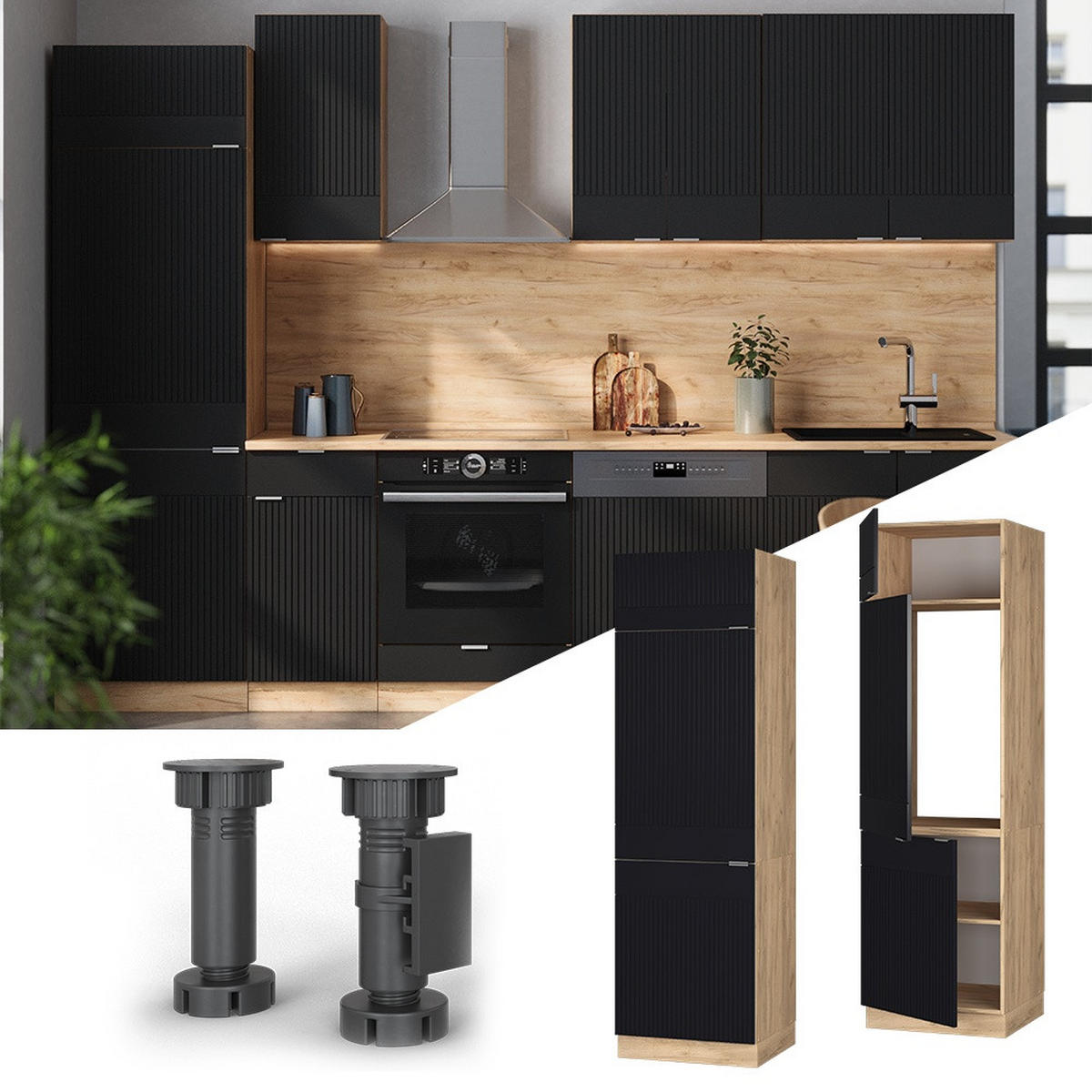 DULAP FRIGIDER Fame-Line dungi negre 60 cm - stejar miere/negru, compozit lemnos (60/206.8/58.1cm) - Vicco