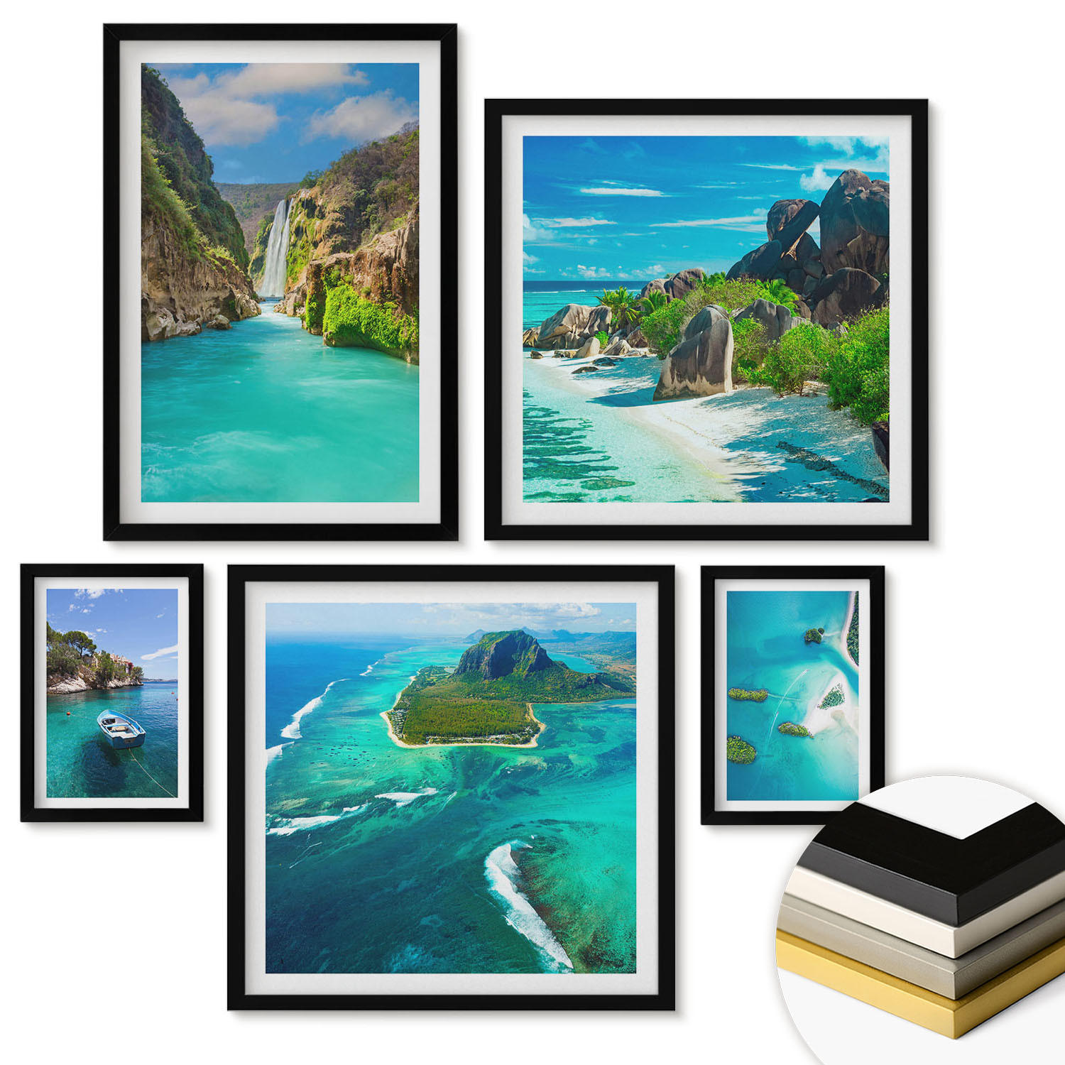 WANDBILDER 5er-Set - 50x50 cm & 20x30 cm & 40x60 cm Schwarzer Rahmen - Seeboote Hirsche Berge - Schwarz, Kunststoff (40/60cm) - ArtPrintCave