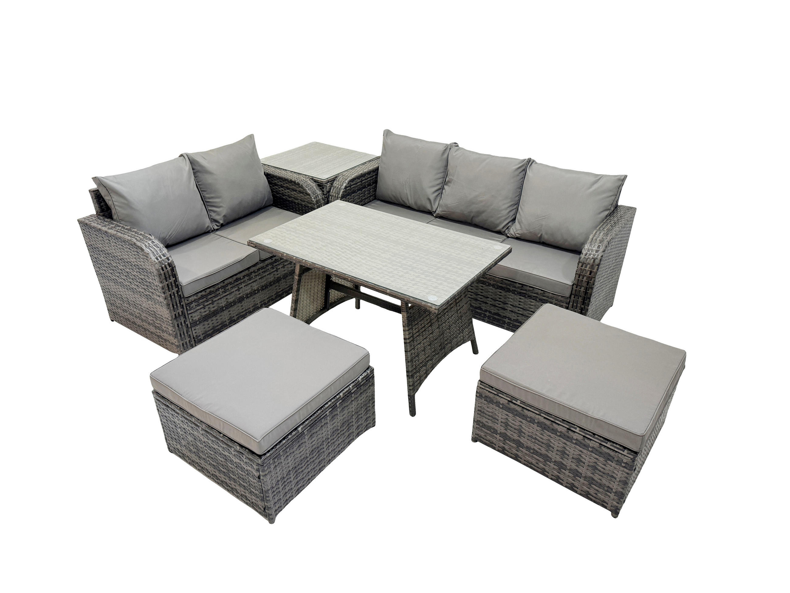 GARTENMÖBELSET mit ESSTISCH,SOFA Polyrattan 7-Sitzer - Dunkelgrau/Grau, Glas/Kunststoff - Fimous