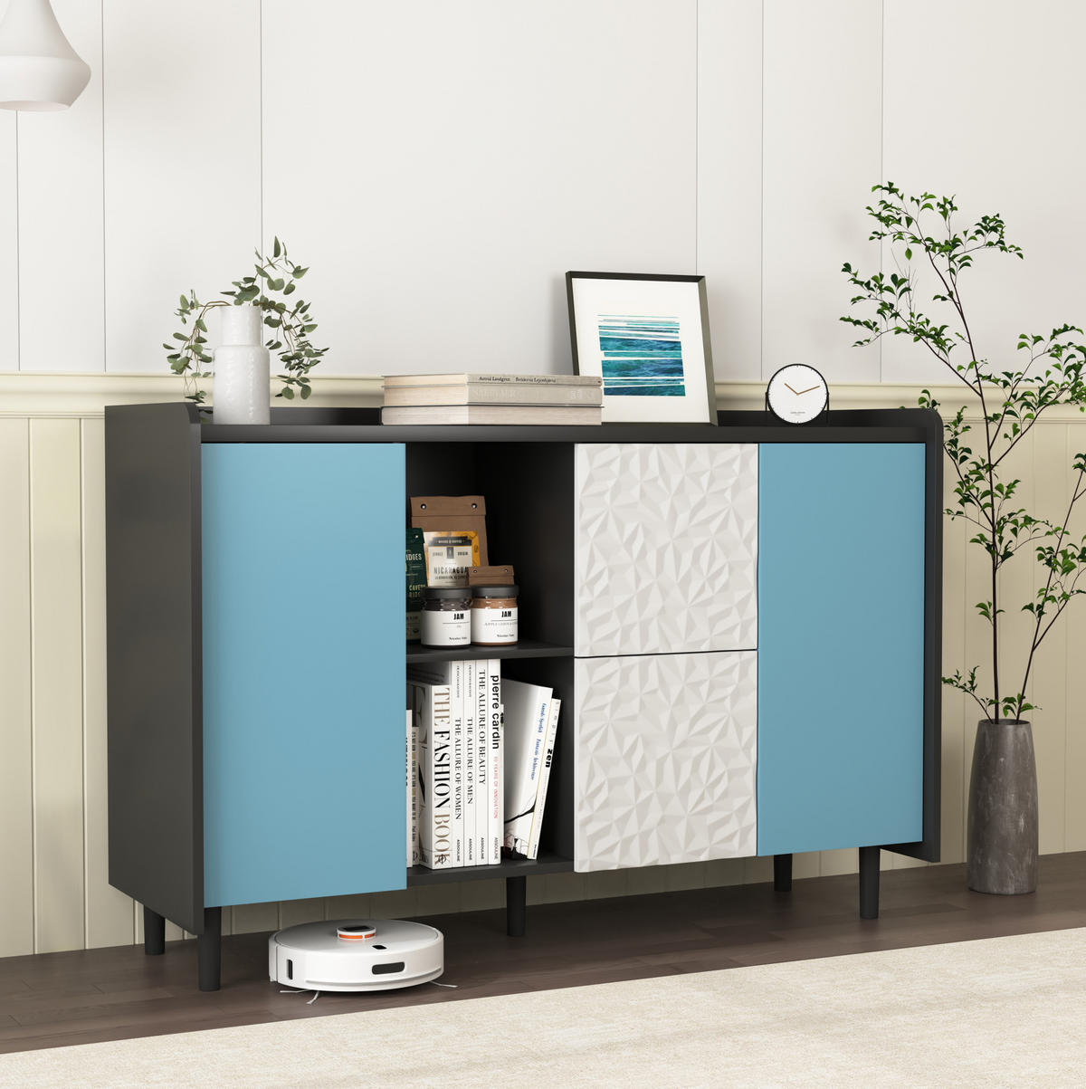 SIDEBOARD aus MDF 40x120x80 cm Schwarz/Blau mit 2 Schubladen, offenem Stauraum und Schranktür in modernem Design - Schwarz, Holzwerkstoff (120/80/40cm) - Modfu