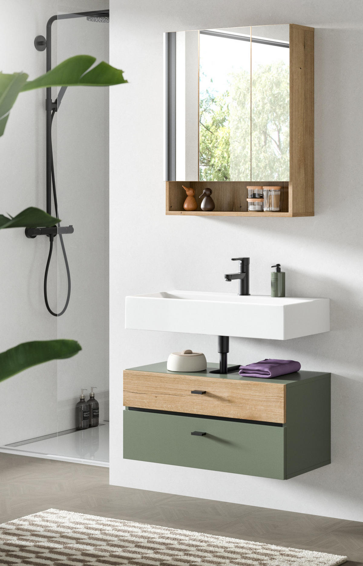 BADMÖBEL-SET grün, Evoke Eiche 2-teilig 75 cm, Badkombination in modernem Design - Eichefarben/Schwarz, Glas/Holzwerkstoff (75/191/35cm) - Inn.Furn