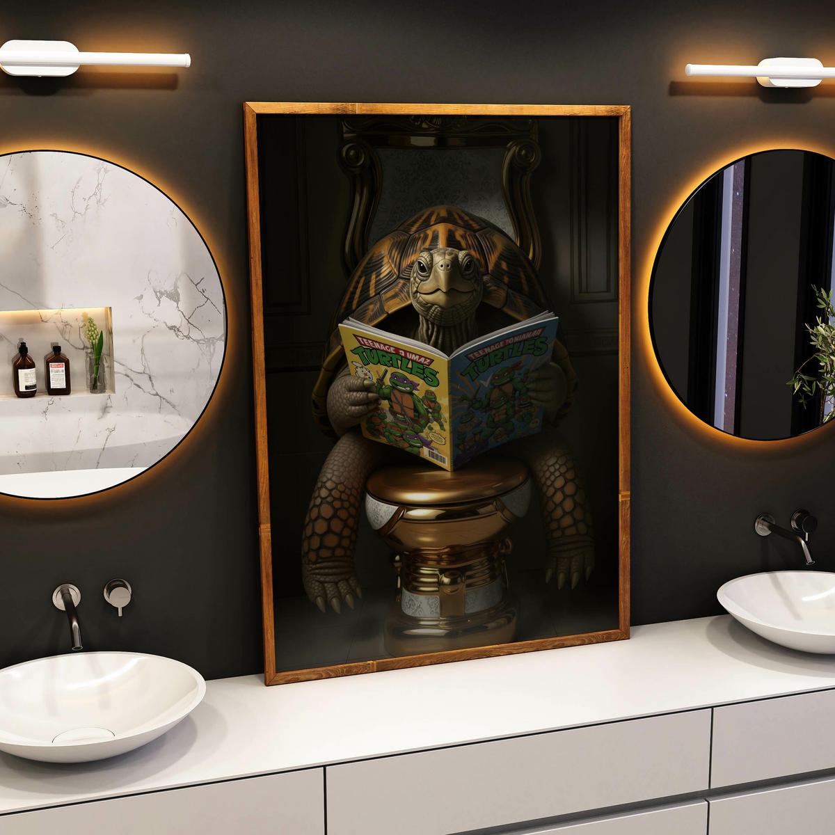 POSTER für Badezimmer WC SCHILDKRÖTE mit Comicbuch auf Toilette Abstraktion 50x70cm - Gelb/Orange, Papier (50/70/70cm) - Muralo