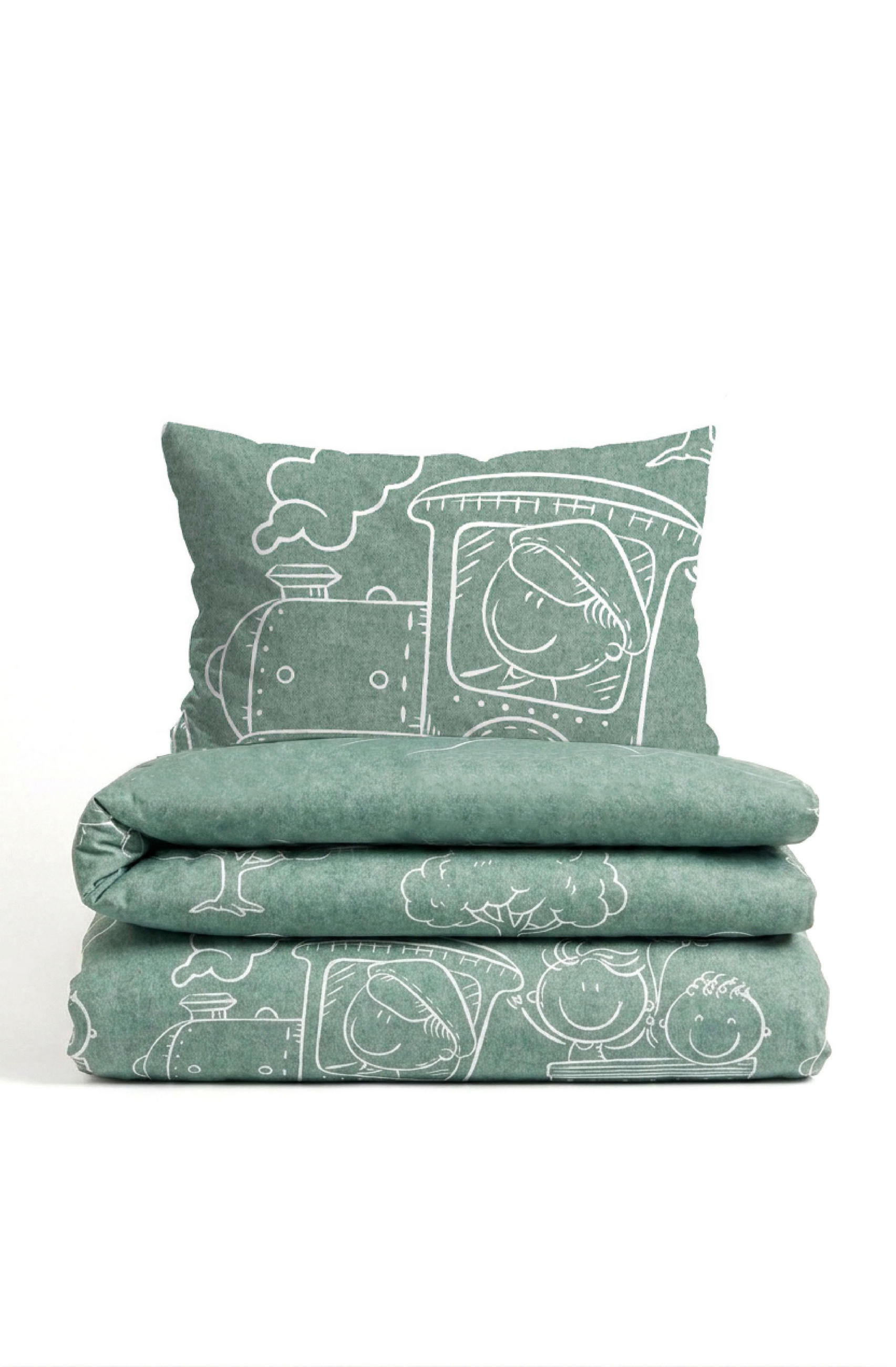 BETTWÄSCHE-GARNITUR Premium Melange Lokomotive fichte, 100x135 cm + 40x60 cm - Dunkelgrün, Textil (100/135cm) - biberna