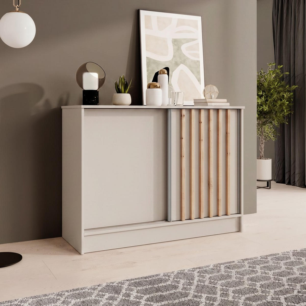 KOMODA Horizon se 2 posuvnými dveřmi, kašmír + dub Artisan, 100 cm - kašmírová, kompozitní dřevo (101/85/43.5cm) - Beautysofa