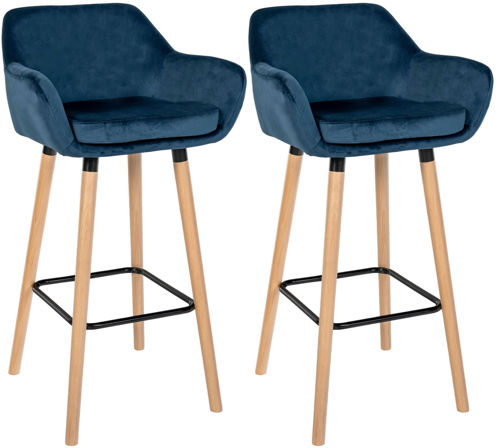 BARHOCKER 2er Set Samt Blau - Blau/Eukalyptusholzfarben, Holz/Textil (51/101/50cm) - CLP