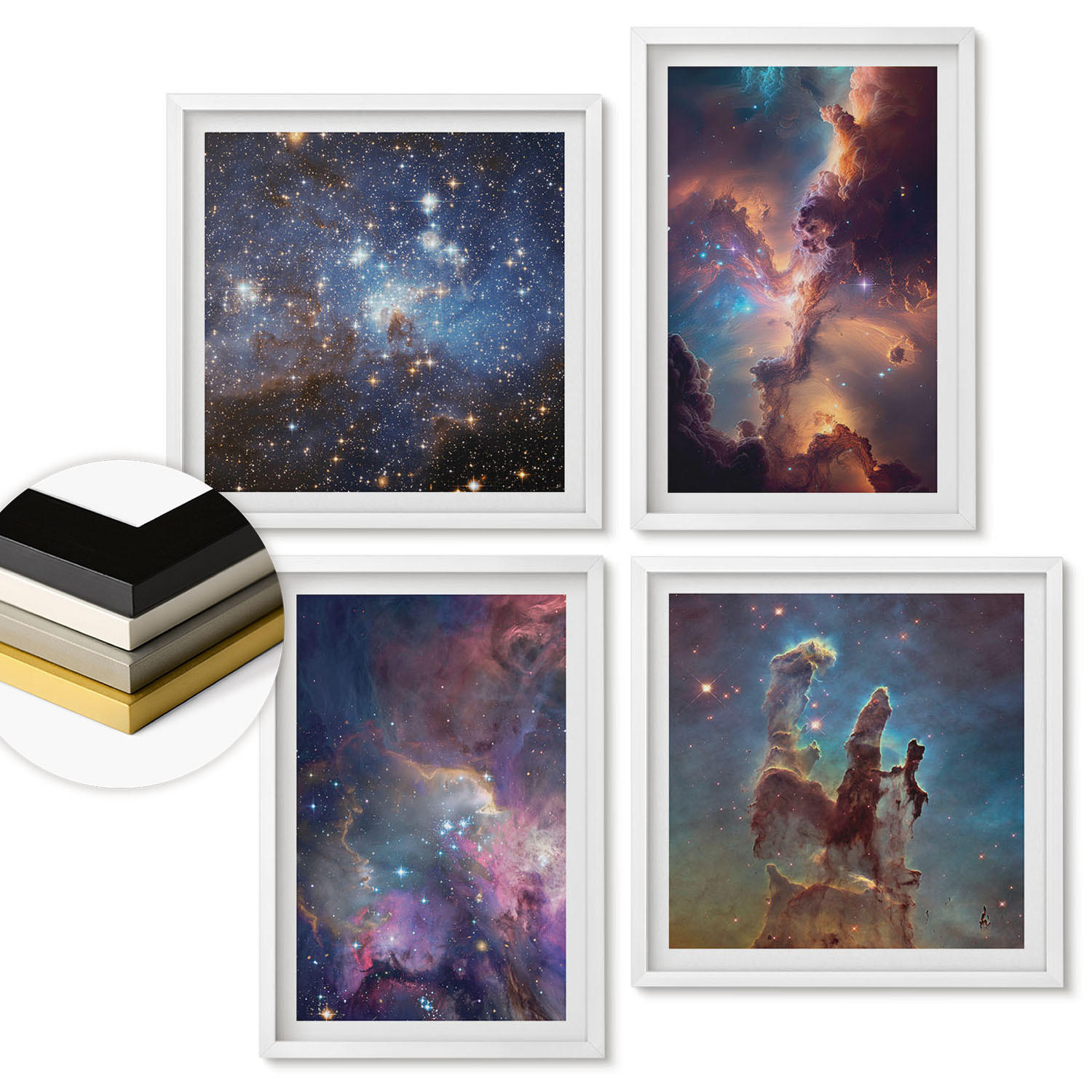 WANDBILDER 4er-Set - 50x50 cm & 40x60 cm Weißer Rahmen - Kosmische Sternenlandschaften - Weiß, Kunststoff (50/50cm) - ArtPrintCave